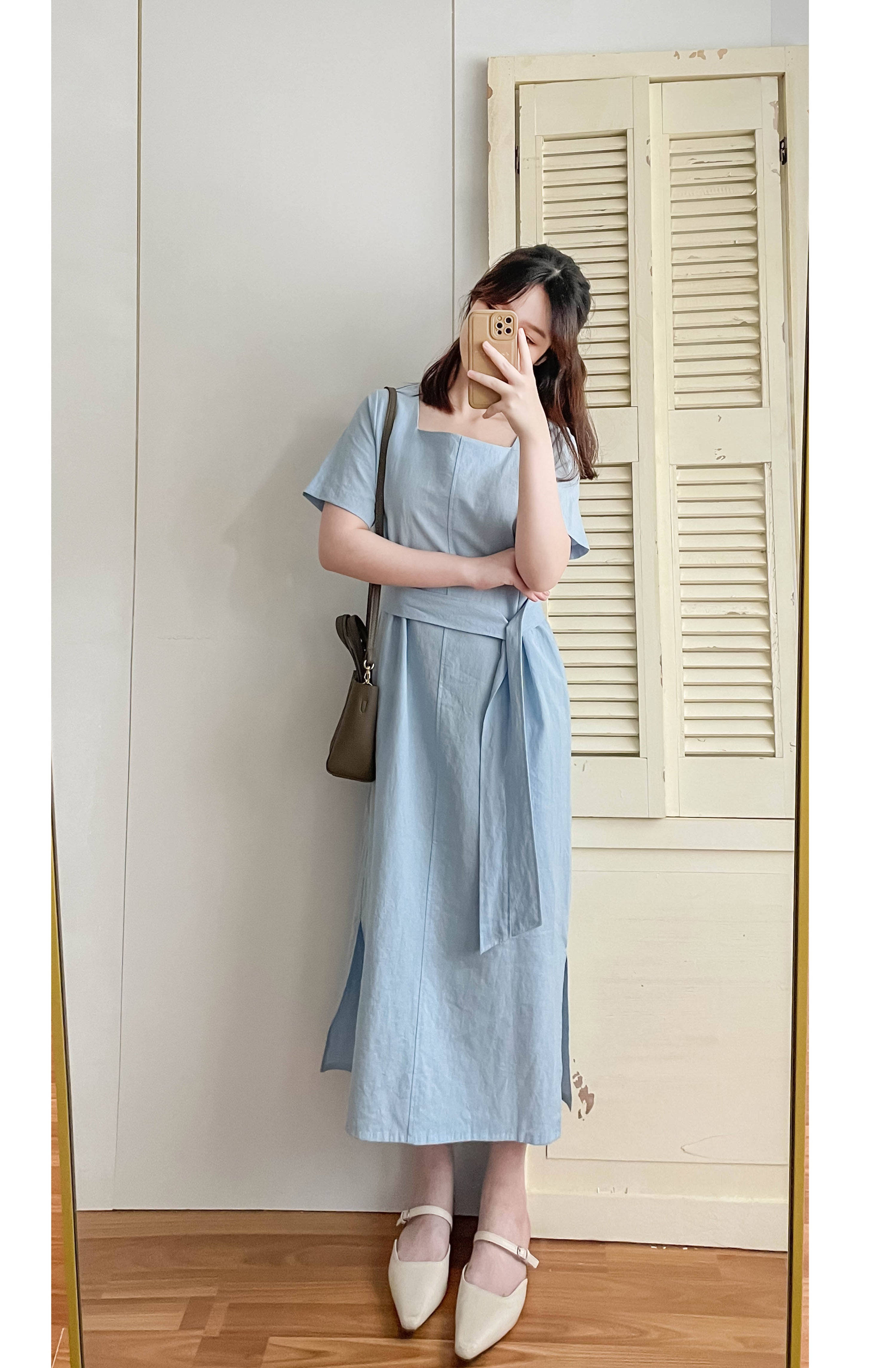 Babyblue 優雅方領直身兩戴腰帶開叉長裙, Dress/ DS9305