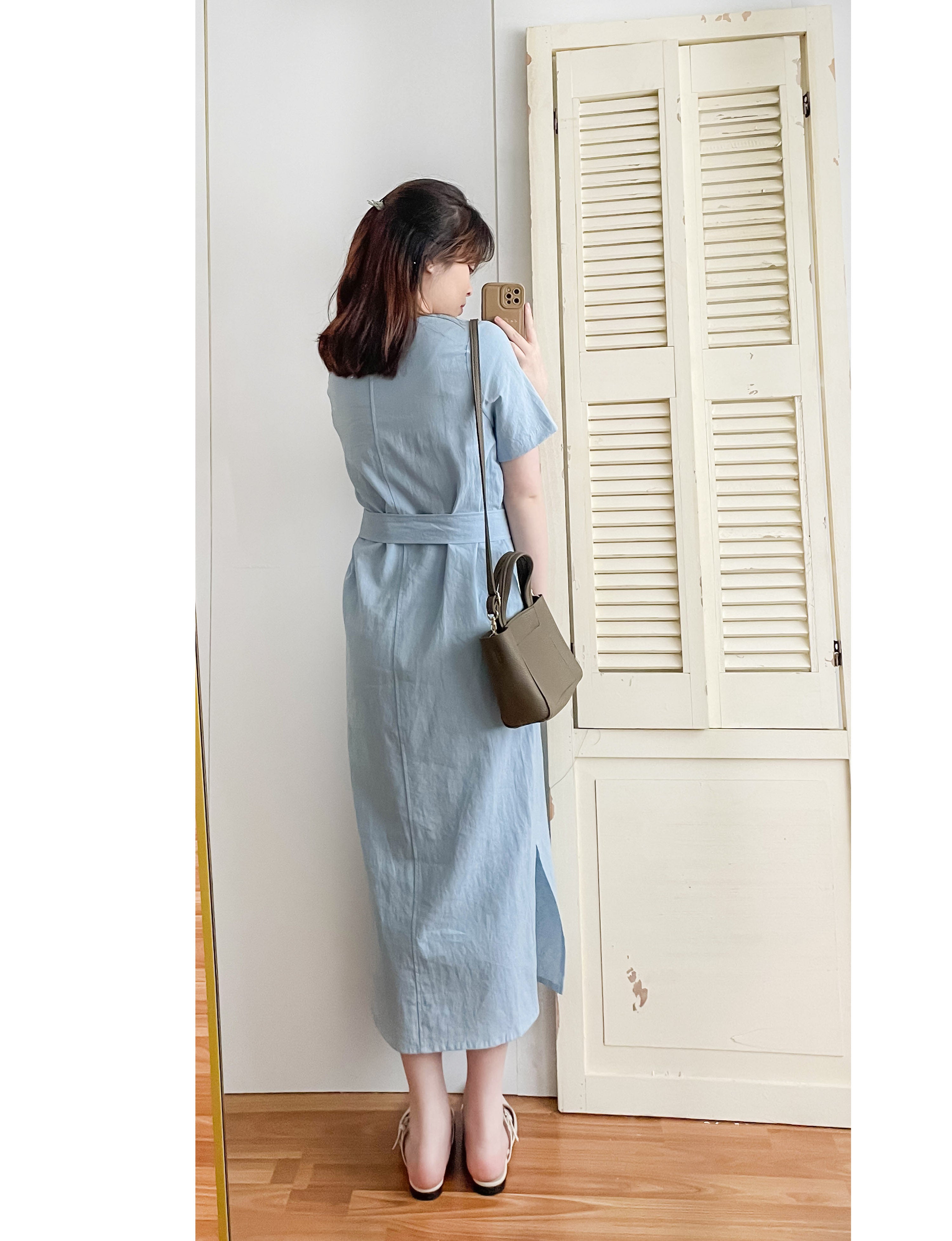 Babyblue 優雅方領直身兩戴腰帶開叉長裙, Dress/ DS9305