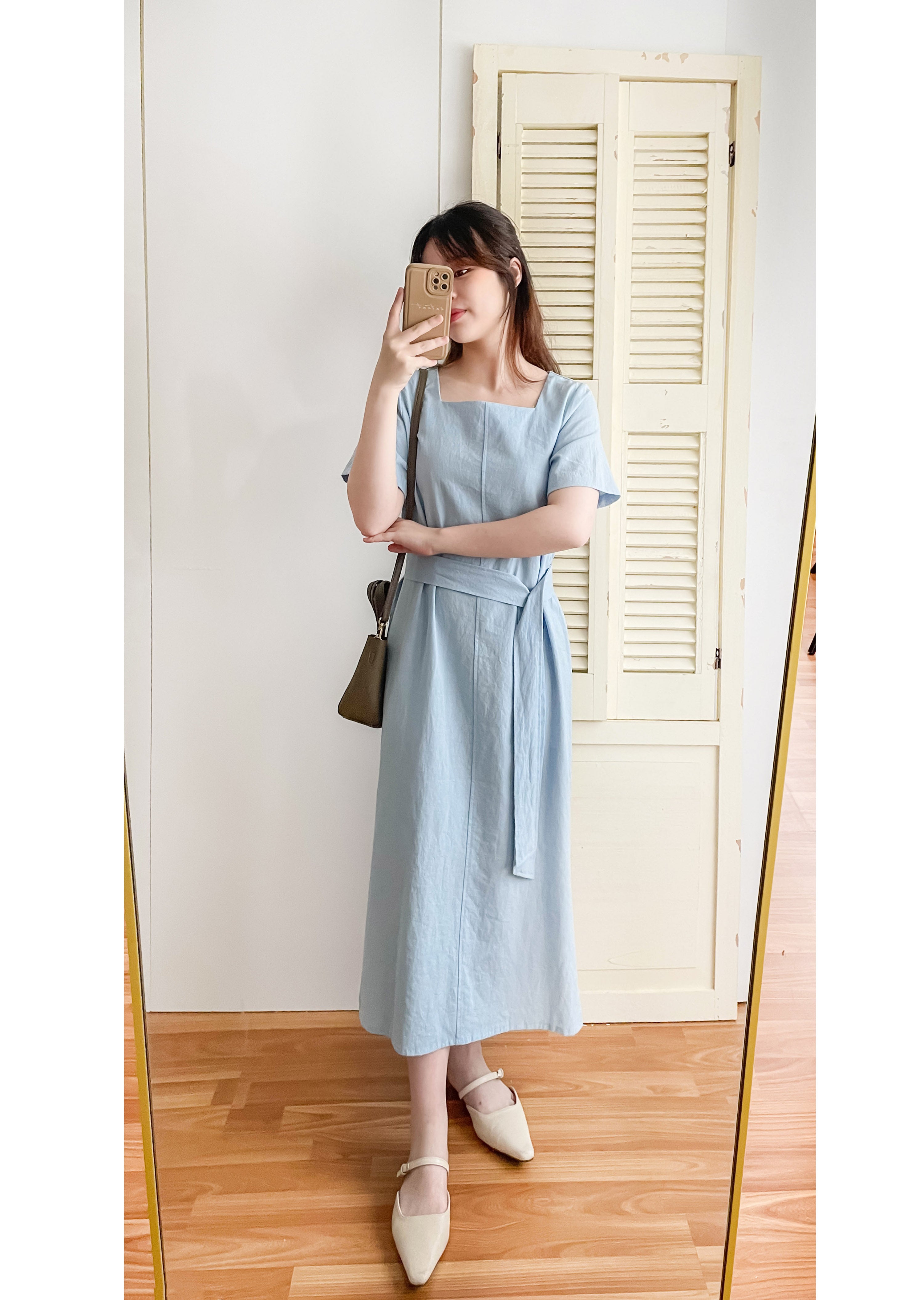 Babyblue 優雅方領直身兩戴腰帶開叉長裙, Dress/ DS9305