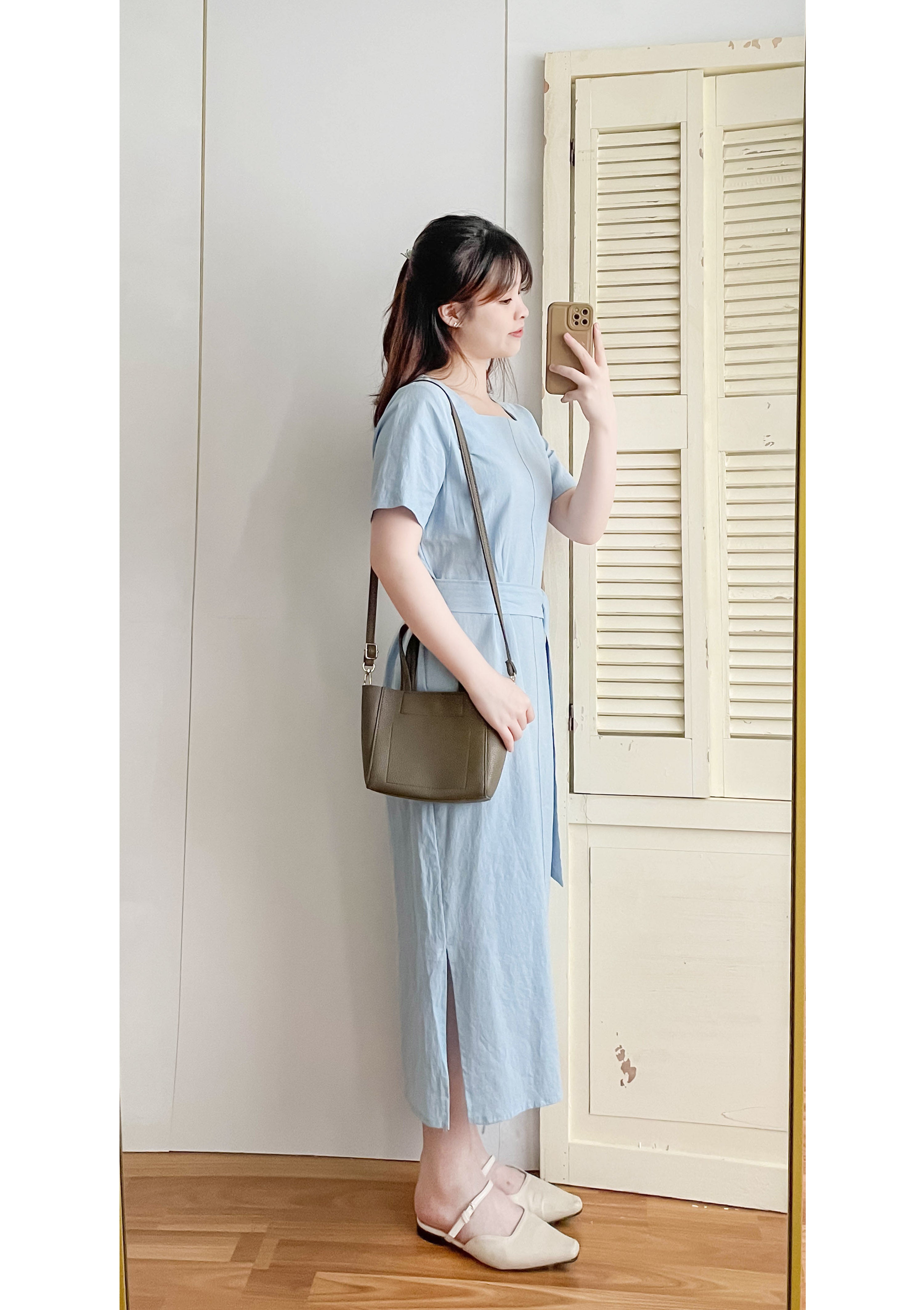 Babyblue 優雅方領直身兩戴腰帶開叉長裙, Dress/ DS9305