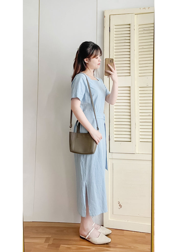 Babyblue 優雅方領直身兩戴腰帶開叉長裙, Dress/ DS9305
