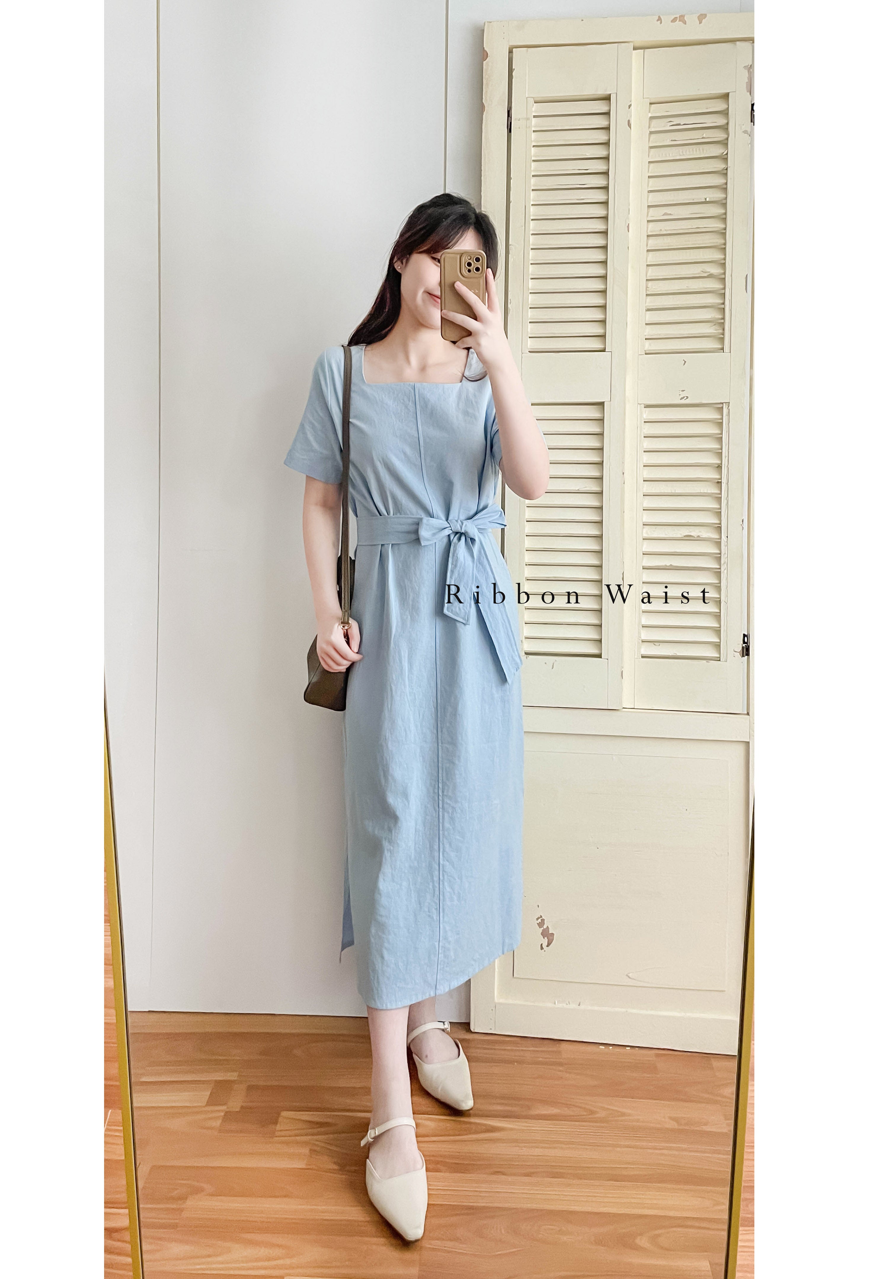Babyblue 優雅方領直身兩戴腰帶開叉長裙, Dress/ DS9305