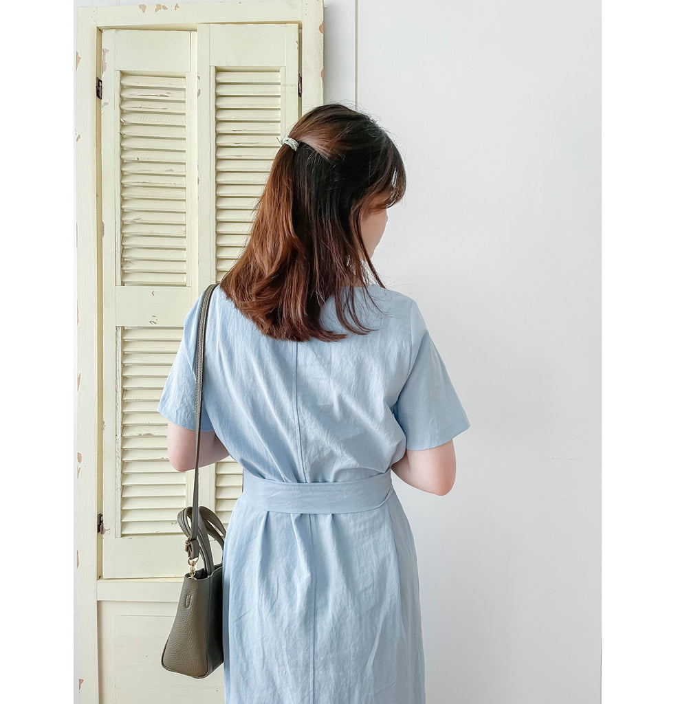 Babyblue 優雅方領直身兩戴腰帶開叉長裙, Dress/ DS9305