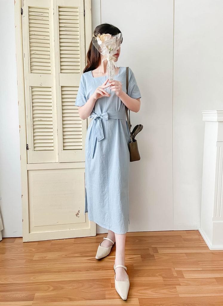 Babyblue 優雅方領直身兩戴腰帶開叉長裙, Dress/ DS9305
