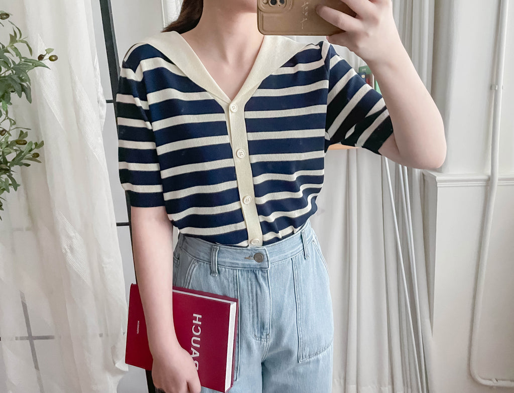Collar Stripe 大翻領法式藍白條紋彈性, Blouse/ TP8887