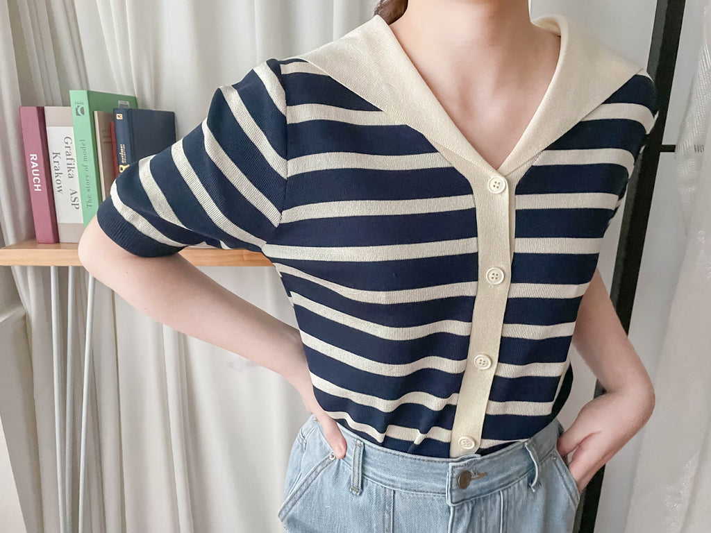 Collar Stripe 大翻領法式藍白條紋彈性, Blouse/ TP8887
