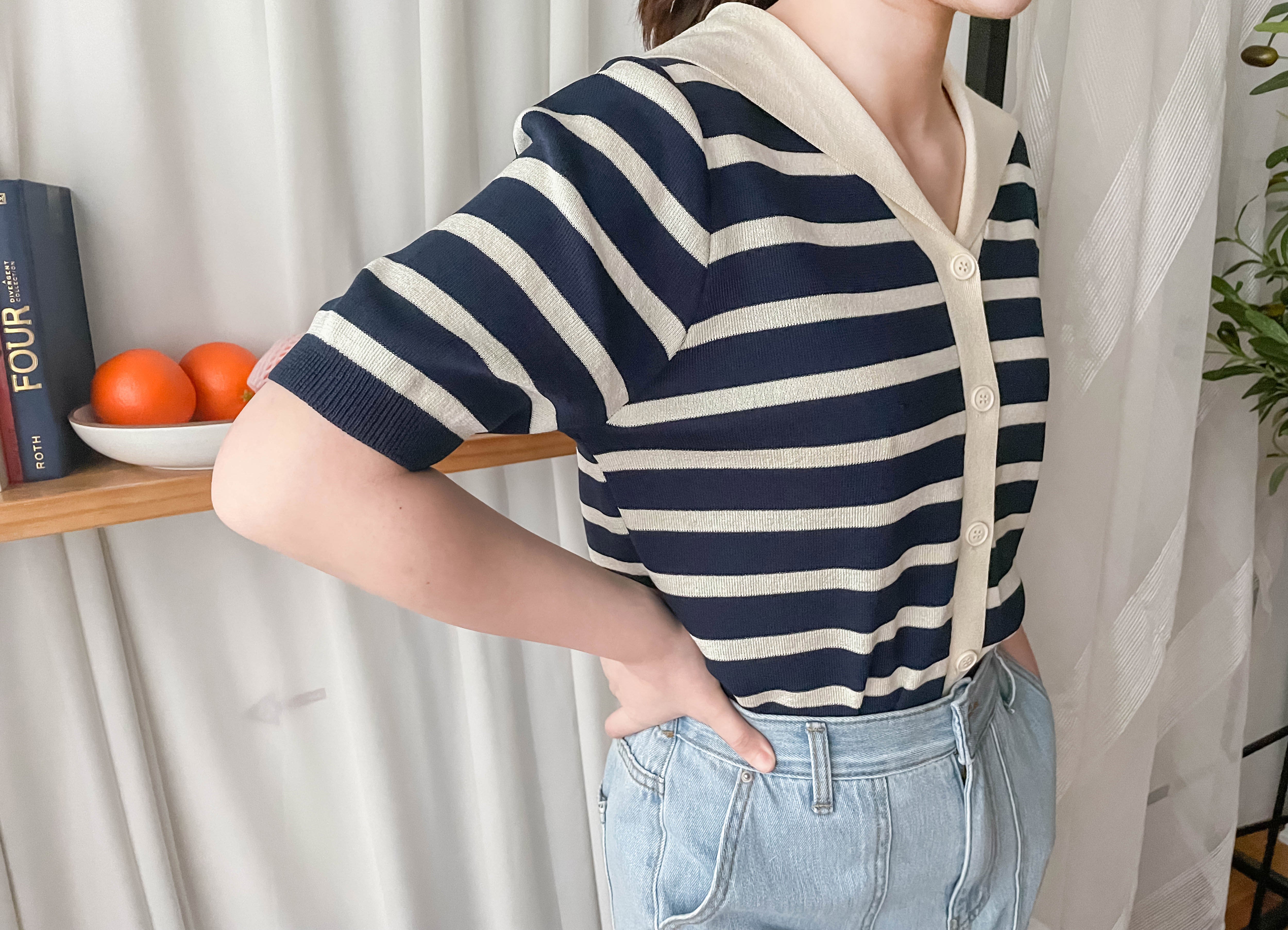 Collar Stripe 大翻領法式藍白條紋彈性, Blouse/ TP8887
