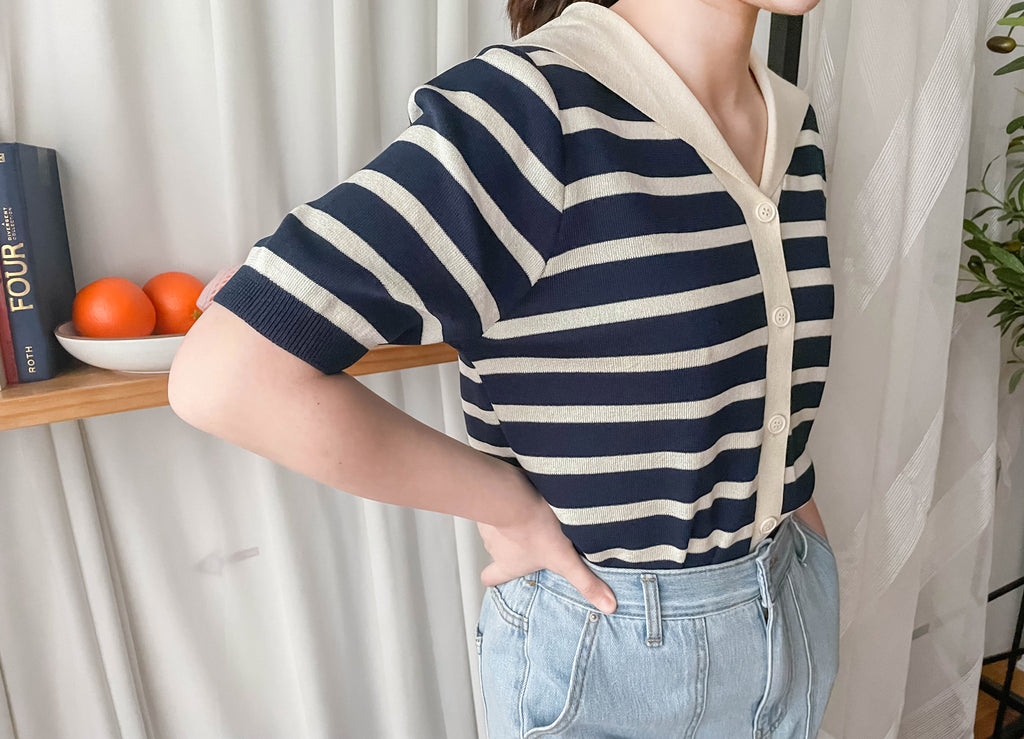 Collar Stripe 大翻領法式藍白條紋彈性, Blouse/ TP8887