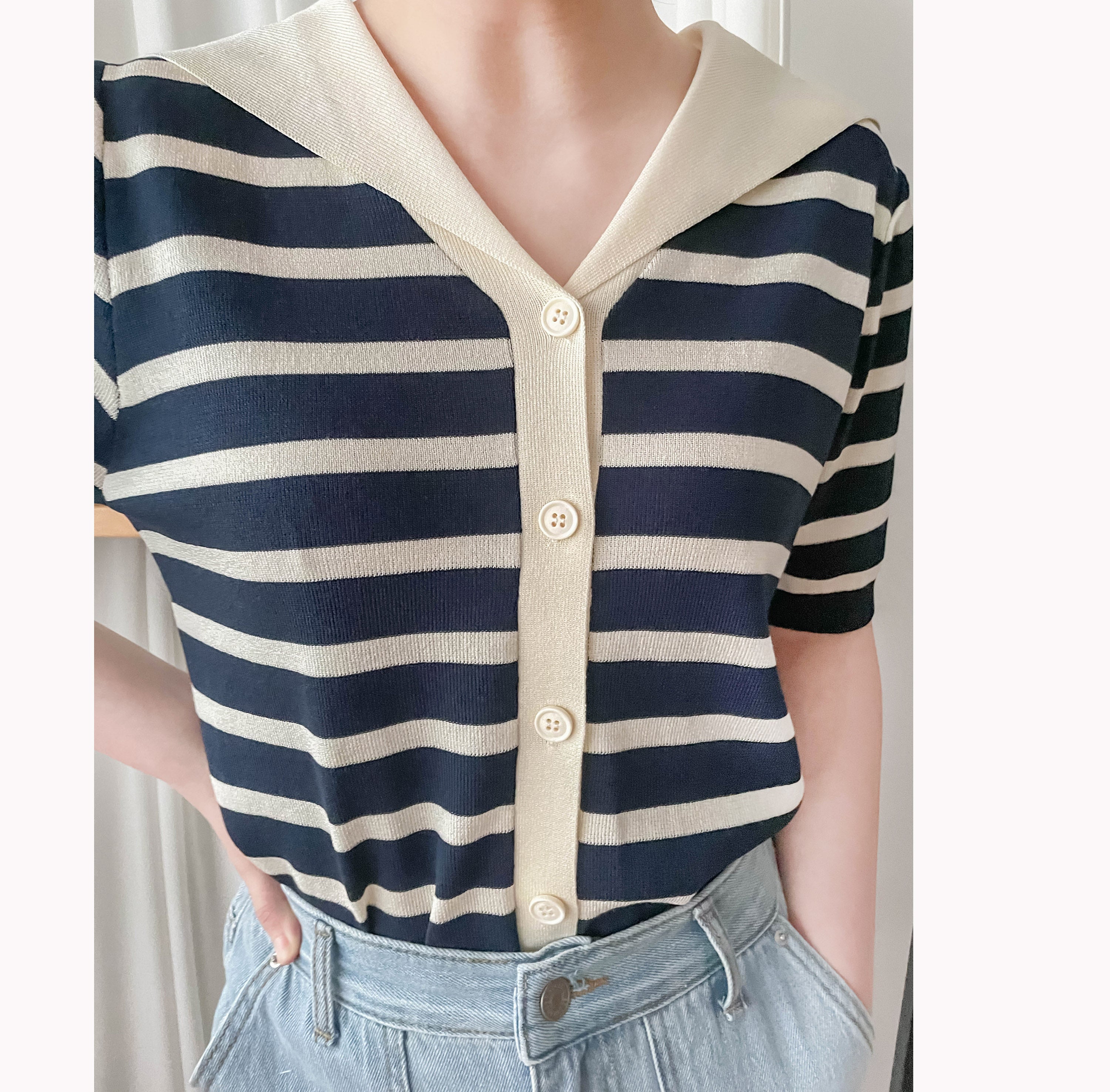 Collar Stripe 大翻領法式藍白條紋彈性, Blouse/ TP8887