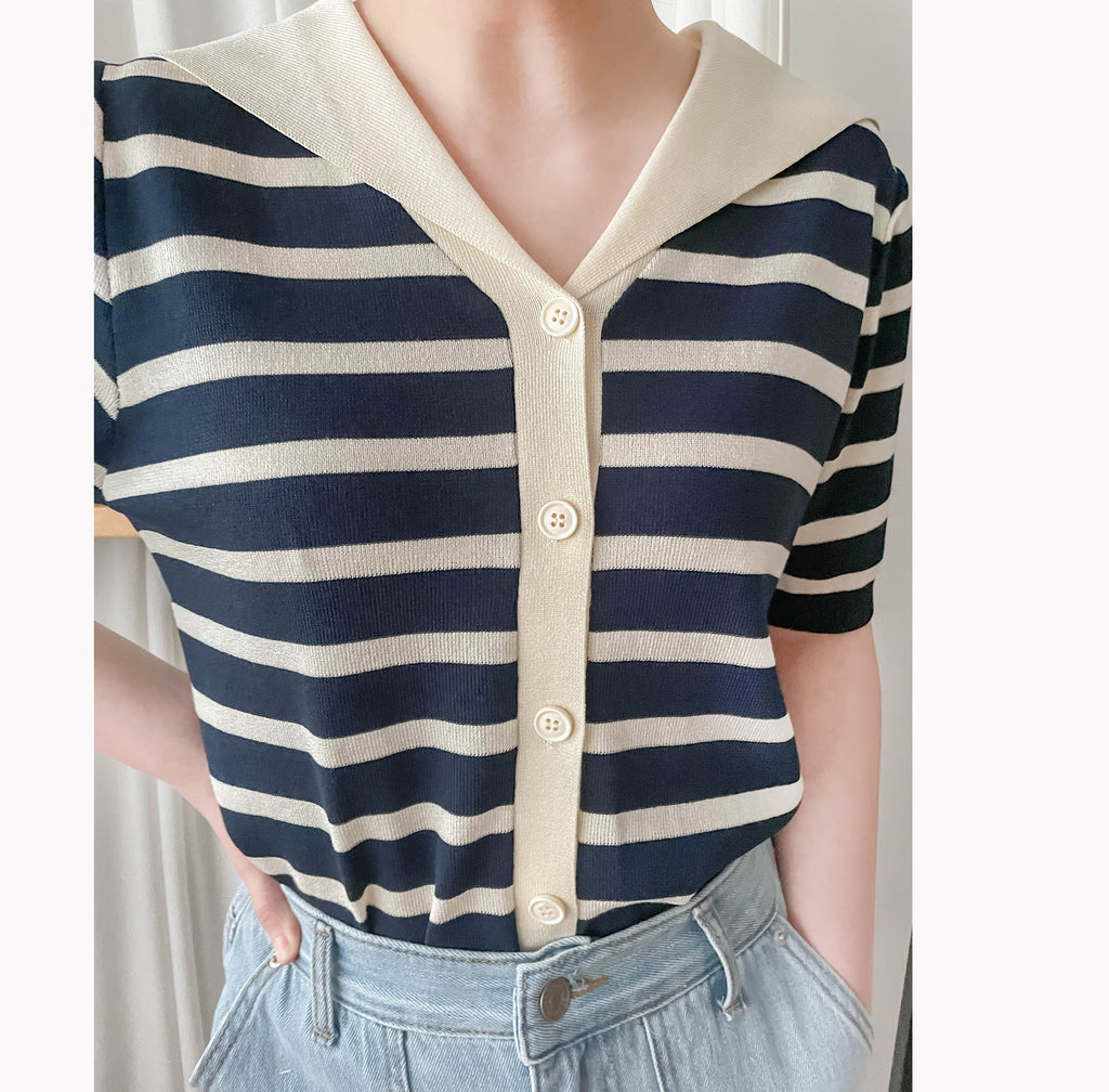 Collar Stripe 大翻領法式藍白條紋彈性, Blouse/ TP8887