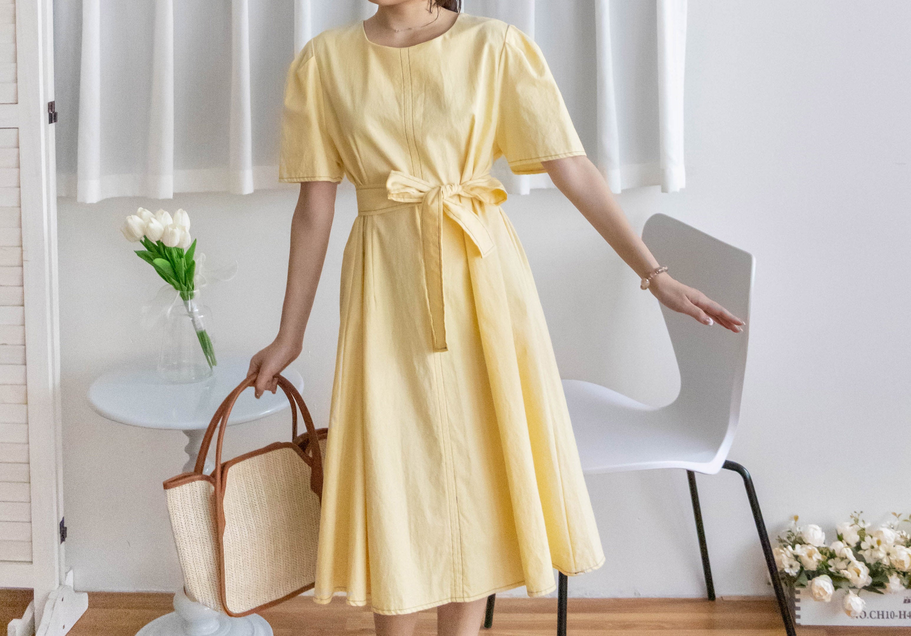 Navy Belle 沿邊車線腰身車褶顯瘦連身裙, Dress/ DS9265 (Navy Sold Out)