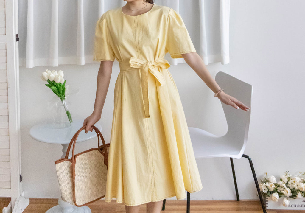 Navy Belle 沿邊車線腰身車褶顯瘦連身裙, Dress/ DS9265 (Navy Sold Out)