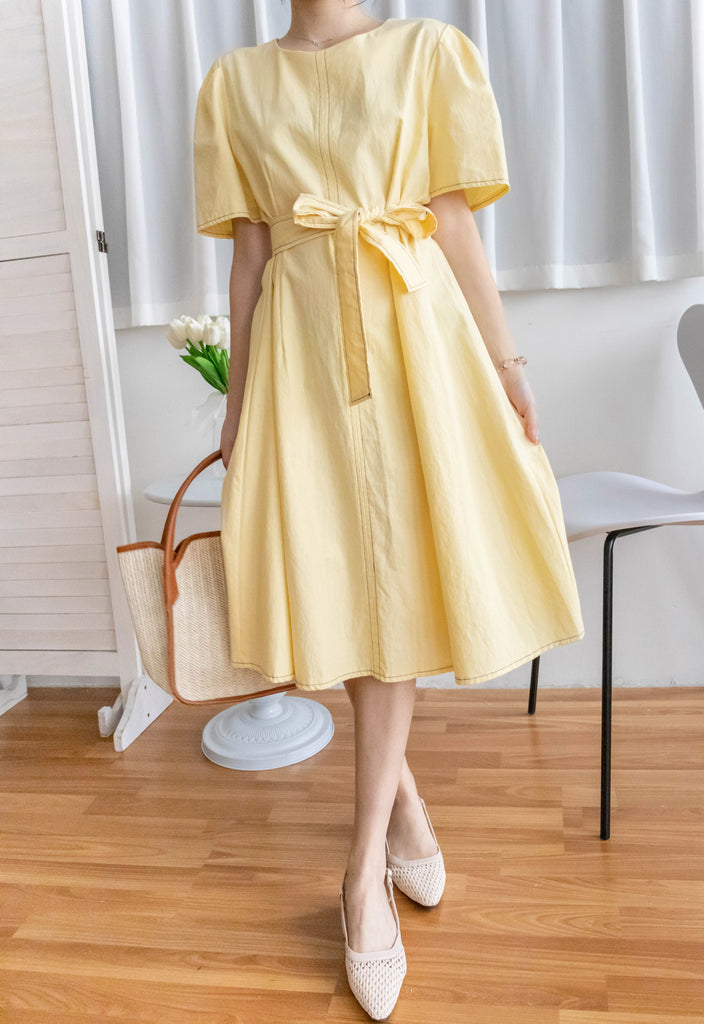 Navy Belle 沿邊車線腰身車褶顯瘦連身裙, Dress/ DS9265 (Navy Sold Out)