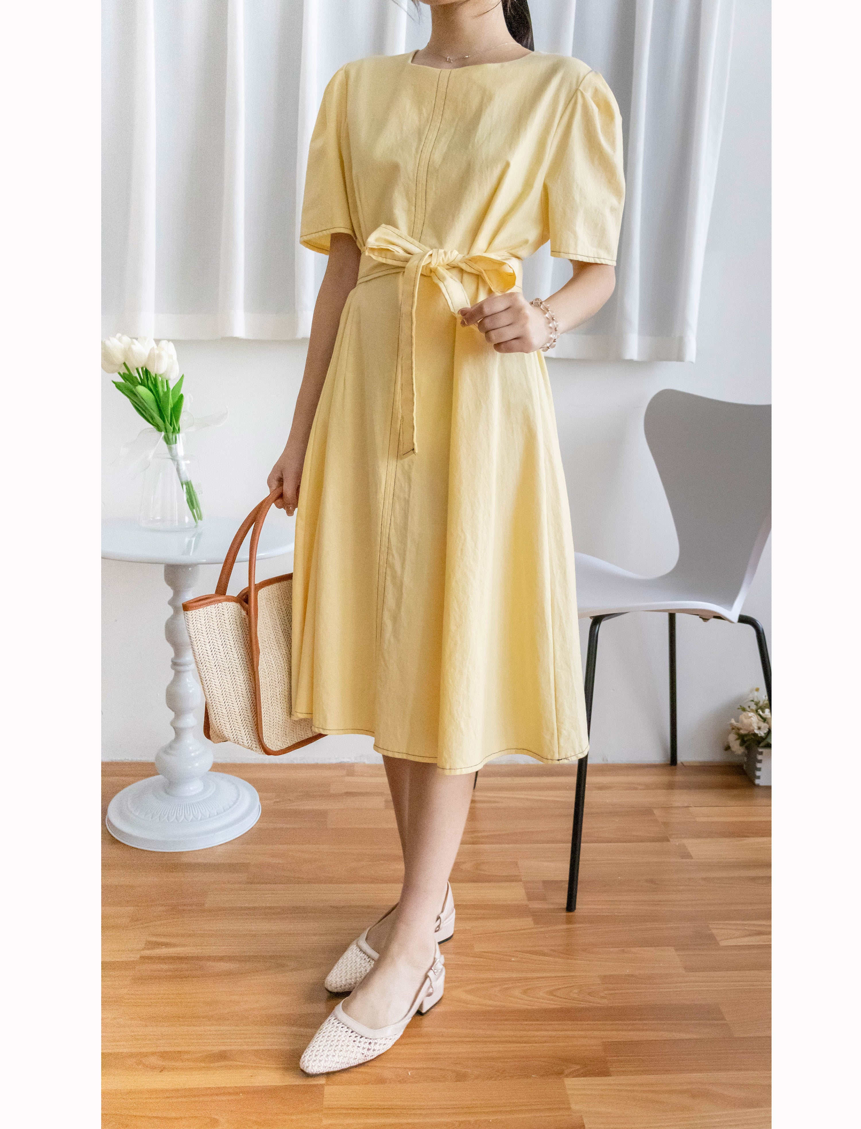 Navy Belle 沿邊車線腰身車褶顯瘦連身裙, Dress/ DS9265 (Navy Sold Out)