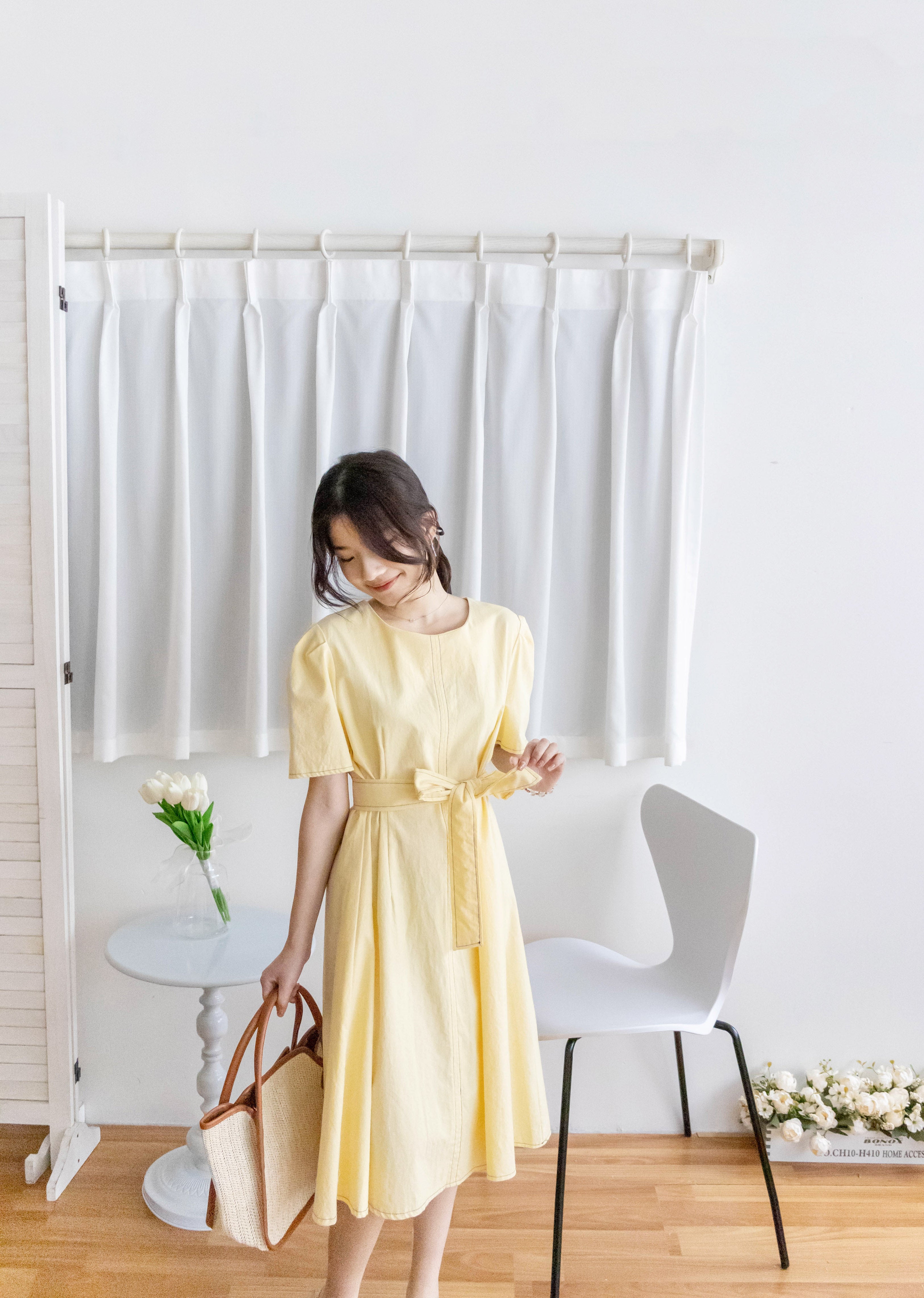 Navy Belle 沿邊車線腰身車褶顯瘦連身裙, Dress/ DS9265 (Navy Sold Out)
