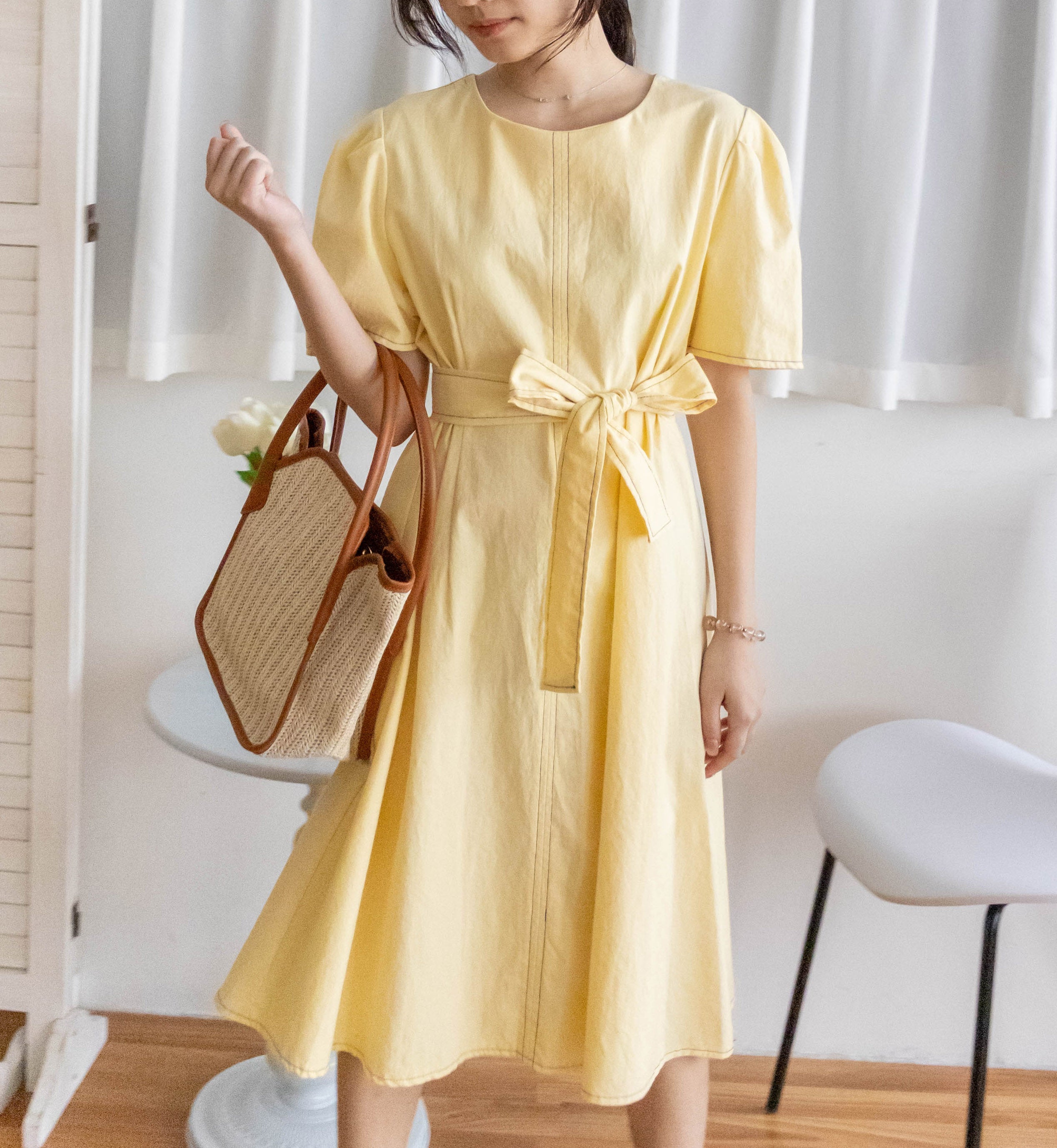 Navy Belle 沿邊車線腰身車褶顯瘦連身裙, Dress/ DS9265 (Navy Sold Out)