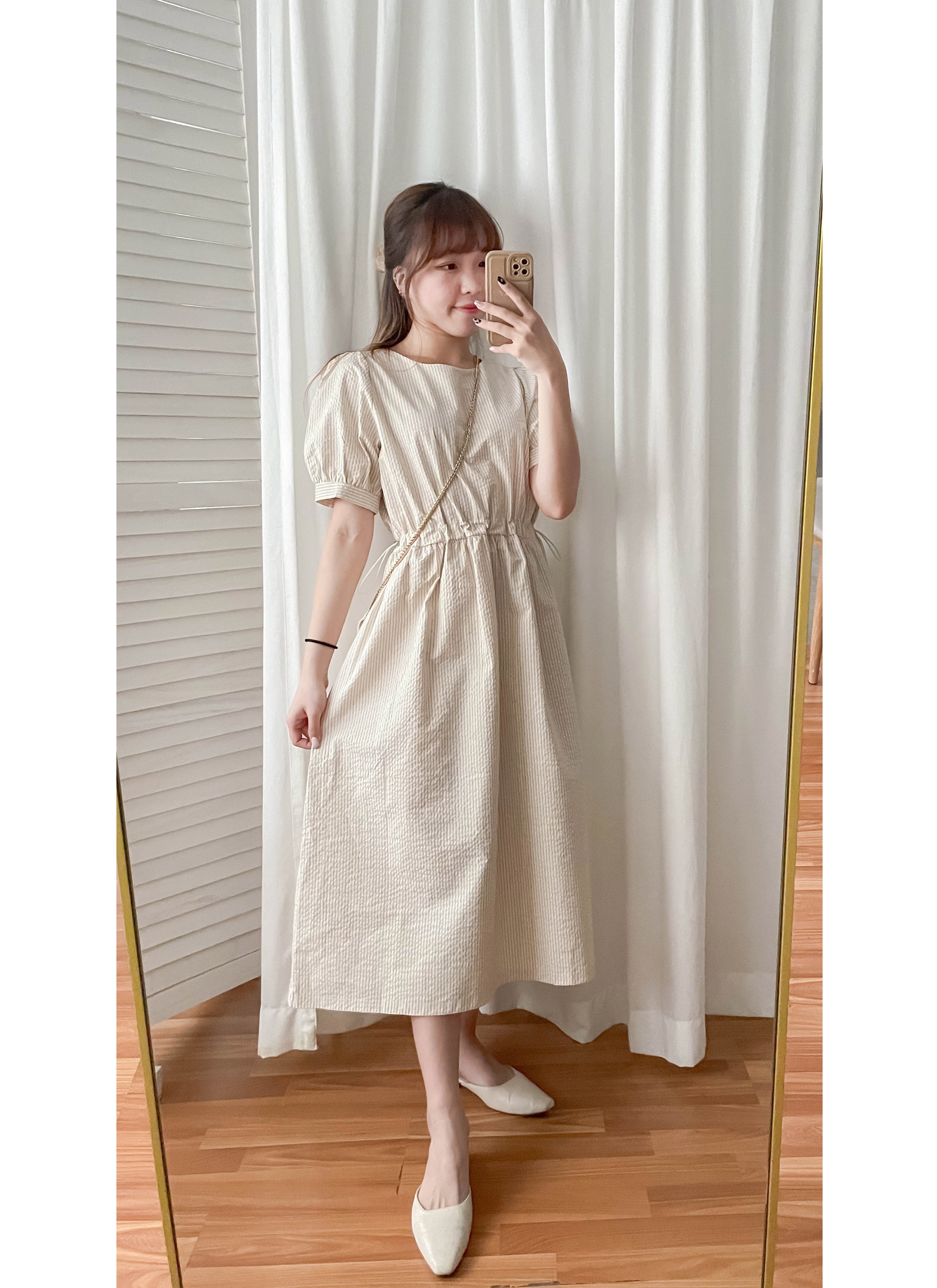 Beige Stripe 杏色淺條紋溫柔感修腰連身裙, Dress/ DS9315