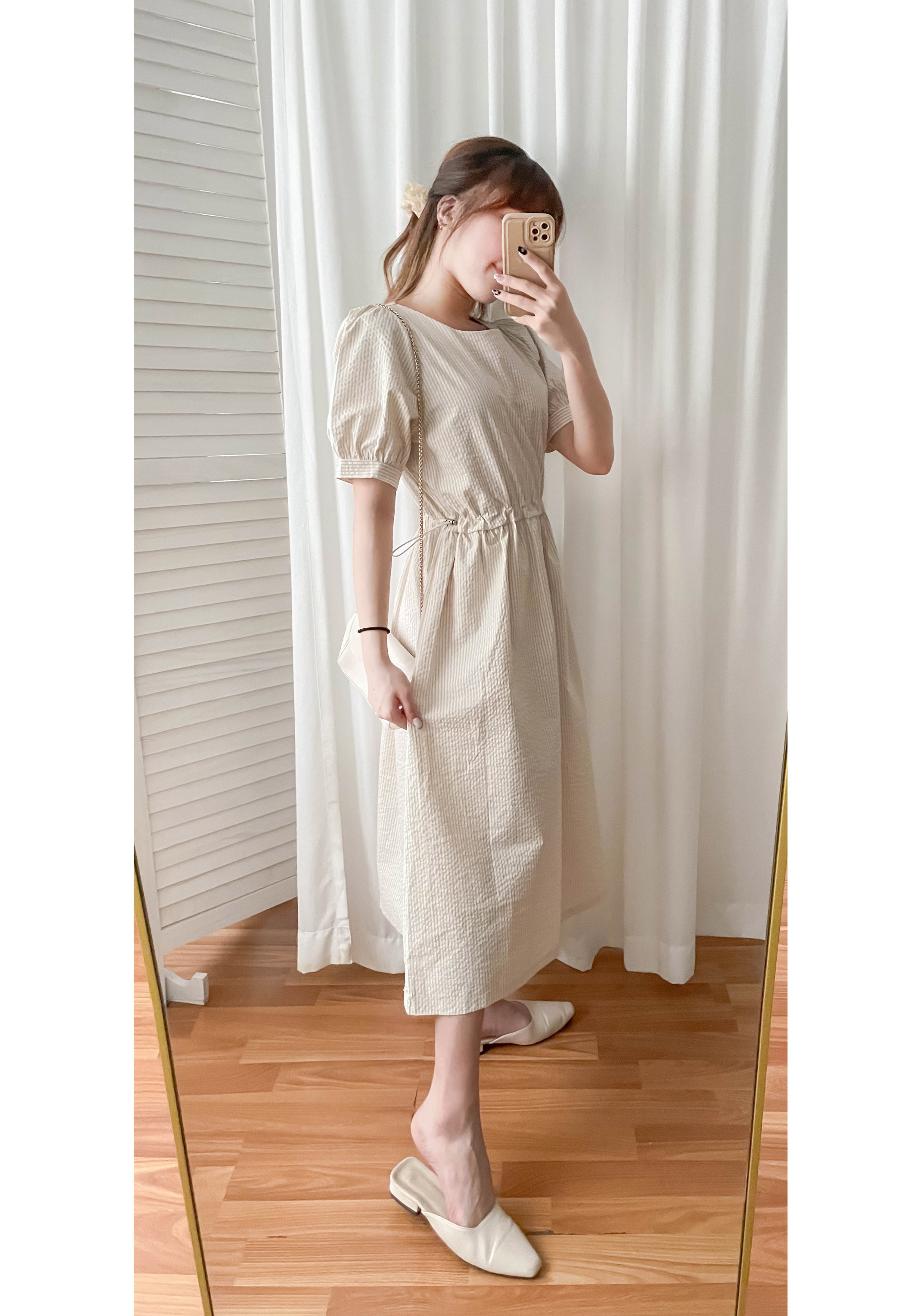 Beige Stripe 杏色淺條紋溫柔感修腰連身裙, Dress/ DS9315