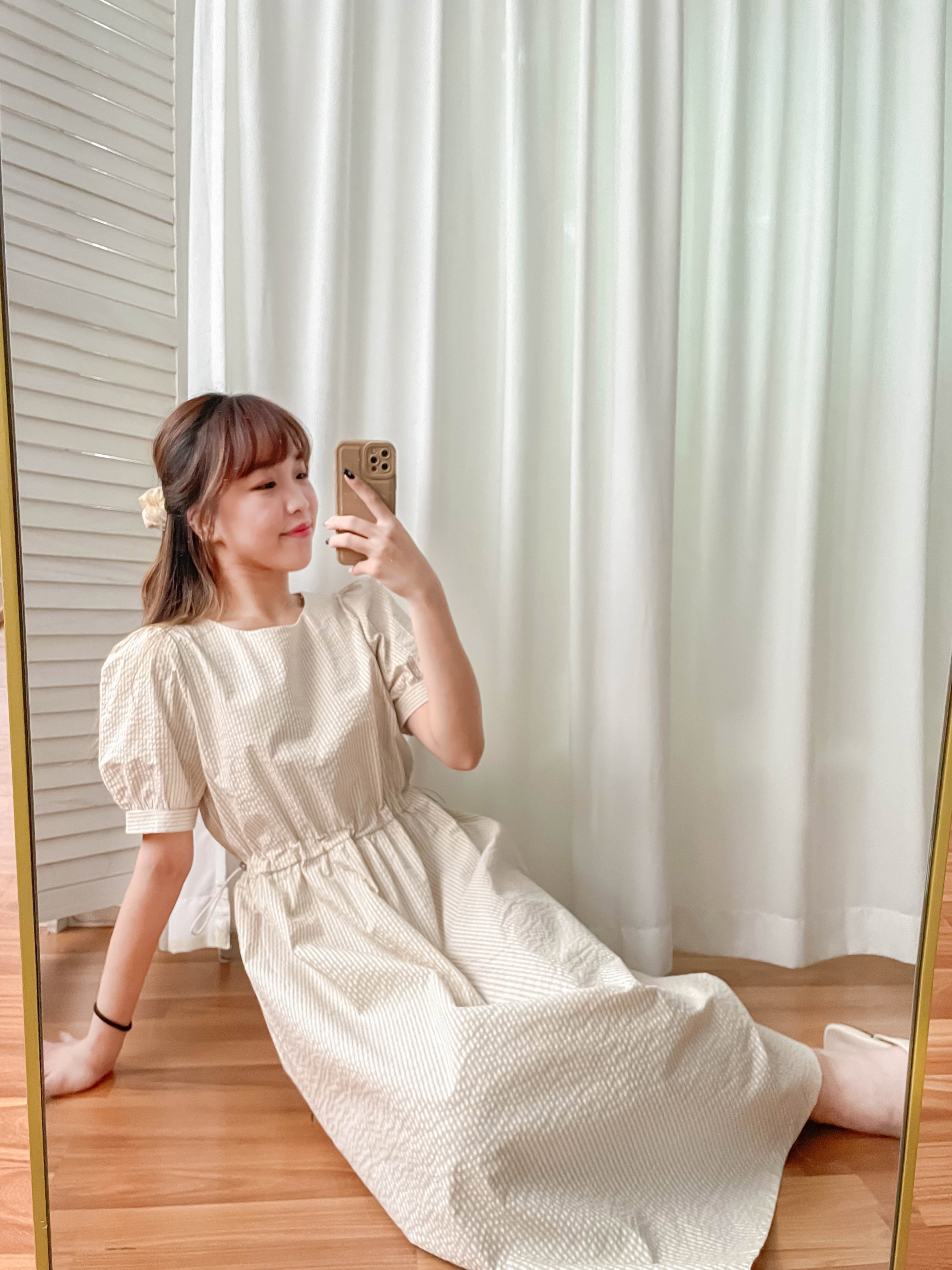 Beige Stripe 杏色淺條紋溫柔感修腰連身裙, Dress/ DS9315