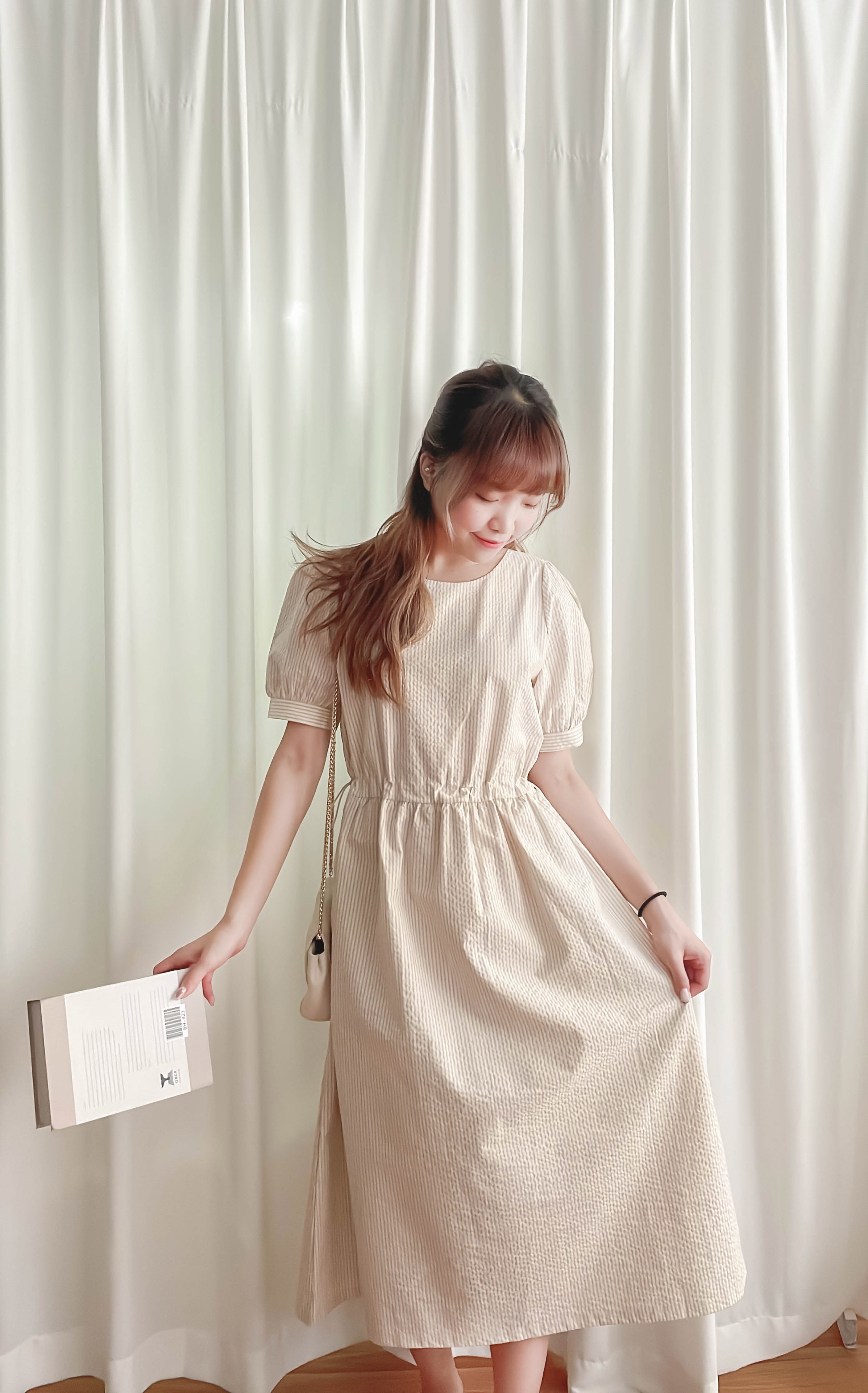Beige Stripe 杏色淺條紋溫柔感修腰連身裙, Dress/ DS9315