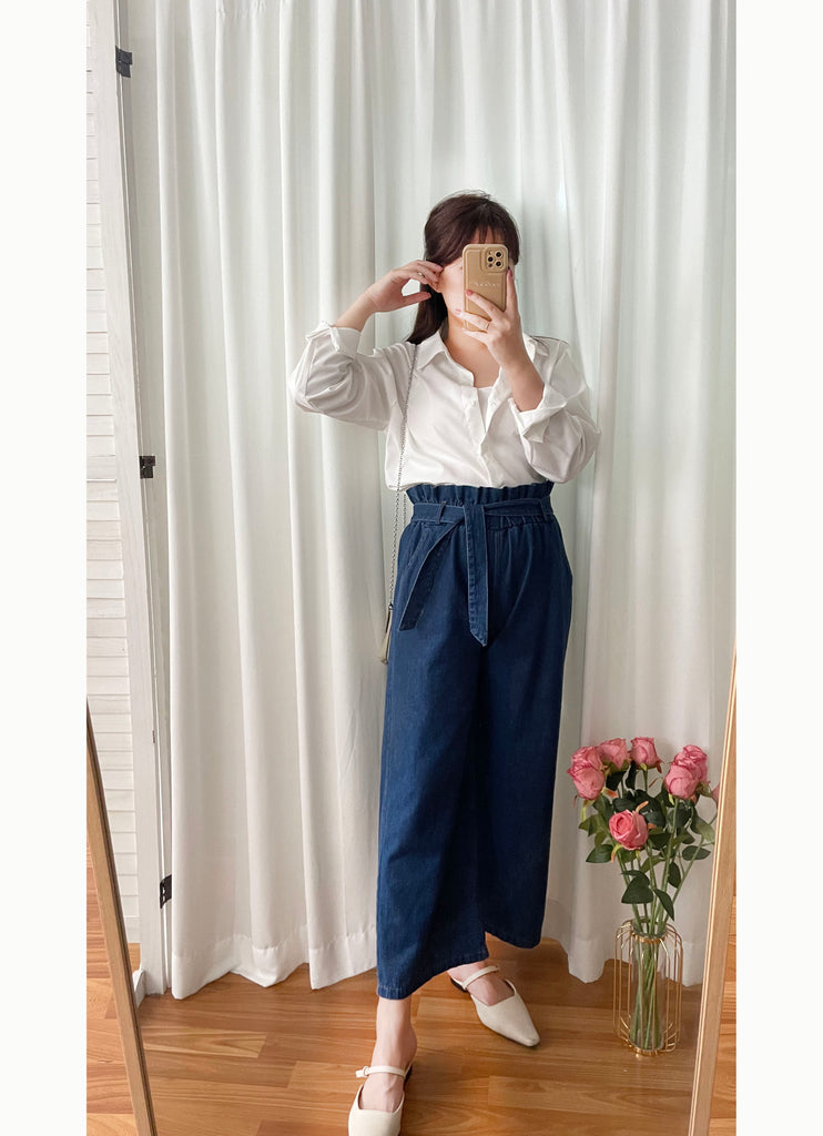 Pleated Waist 百褶橡筋高腰連腰帶直腳牛仔褲, Jeans/ PT8396