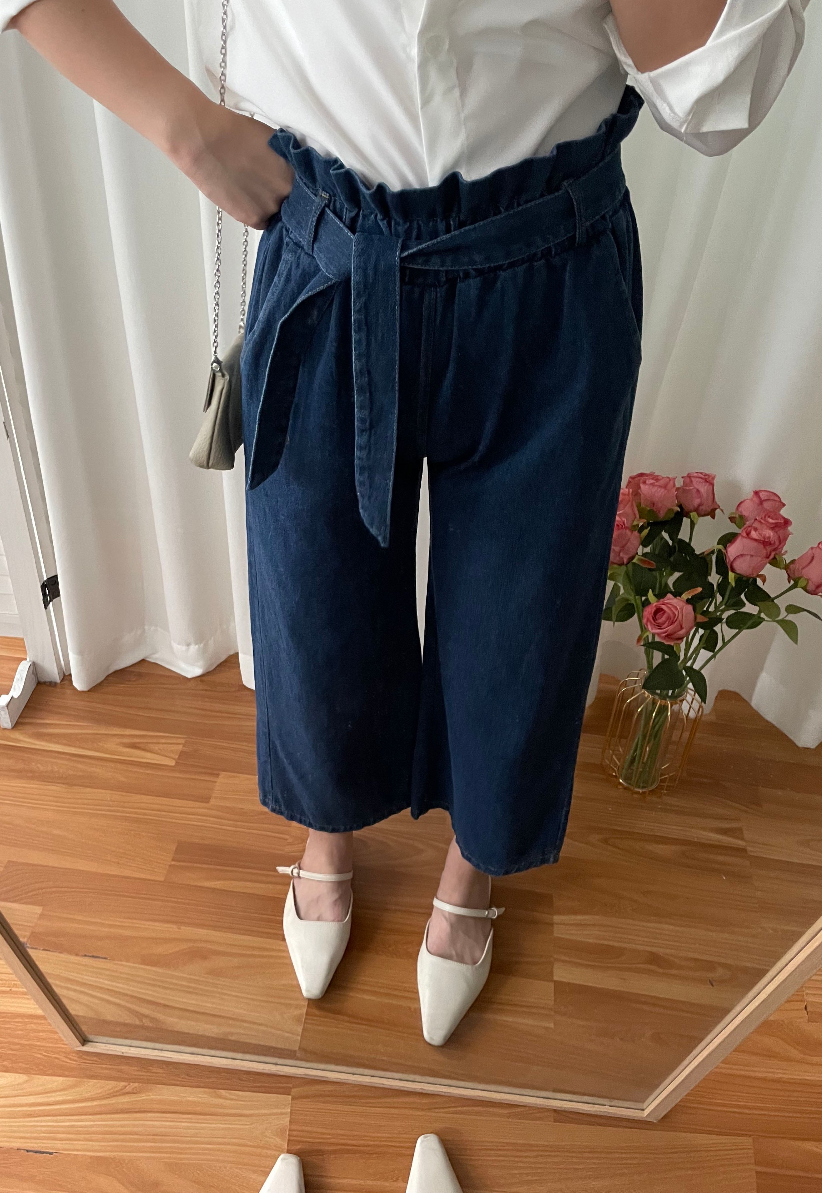 Pleated Waist 百褶橡筋高腰連腰帶直腳牛仔褲, Jeans/ PT8396