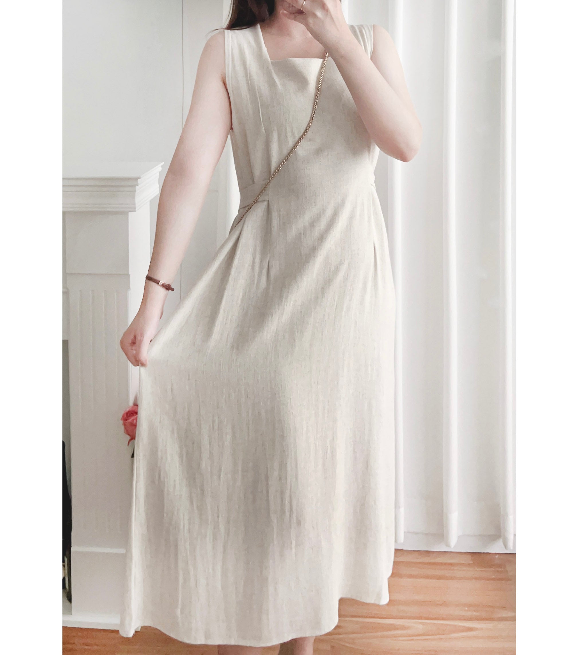 Square Collar 棉麻文青仙氣淺方領修腰, Dress/ DS9301 (湖水綠 MediumAquamarine sold out)