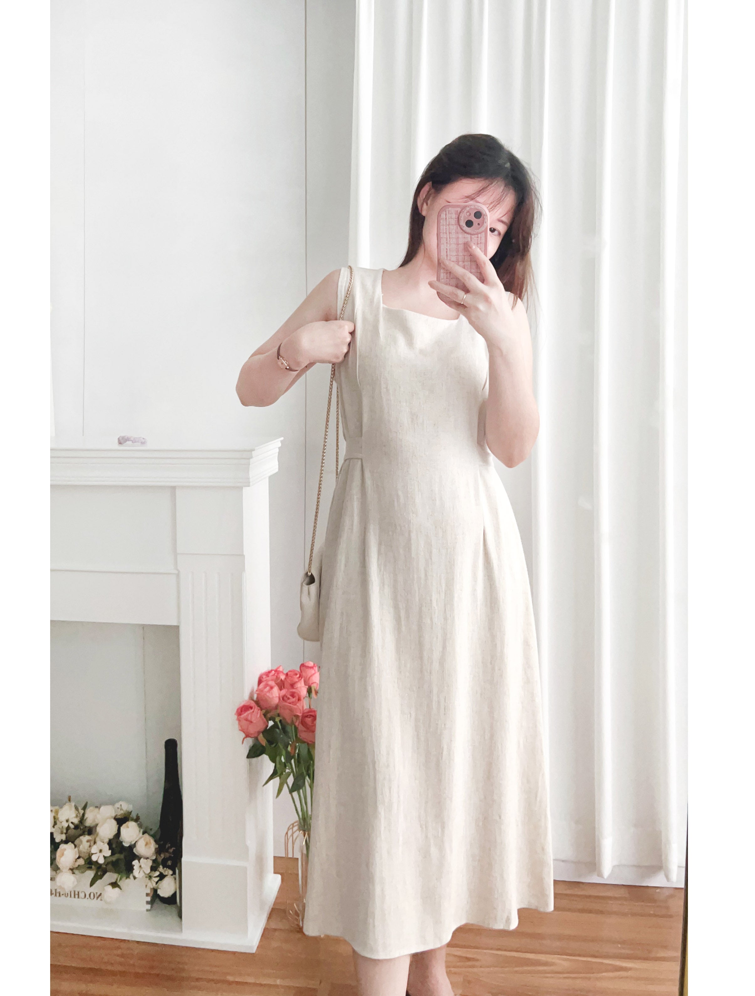 Square Collar 棉麻文青仙氣淺方領修腰, Dress/ DS9301 (湖水綠 MediumAquamarine sold out)