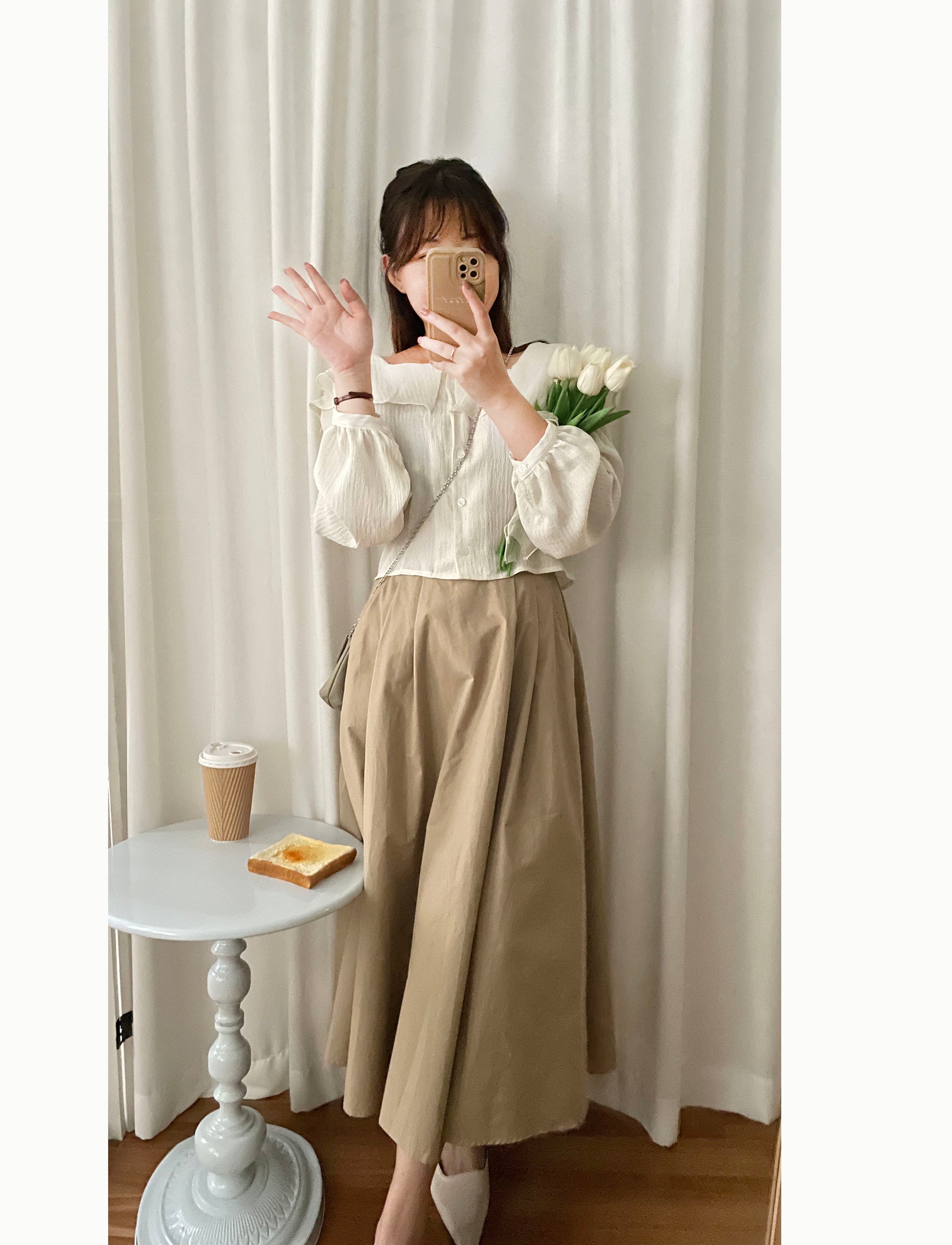Beige Flair 優雅隨性挺身杏色口袋傘裙, Skirt/ SK8730
