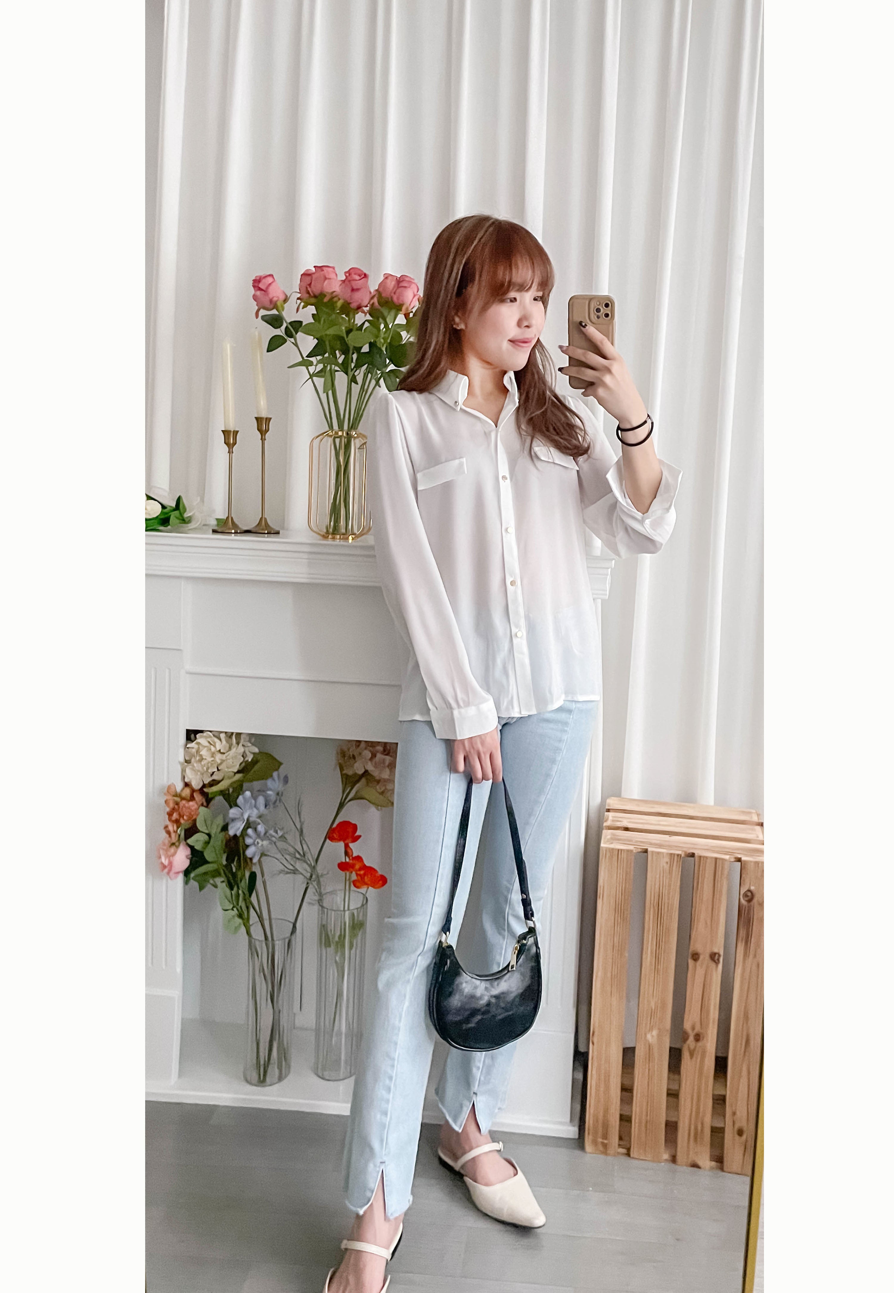 Button Collar 磨砂金鈕裝飾質感雪紡上衣, Blouse/ BU8972