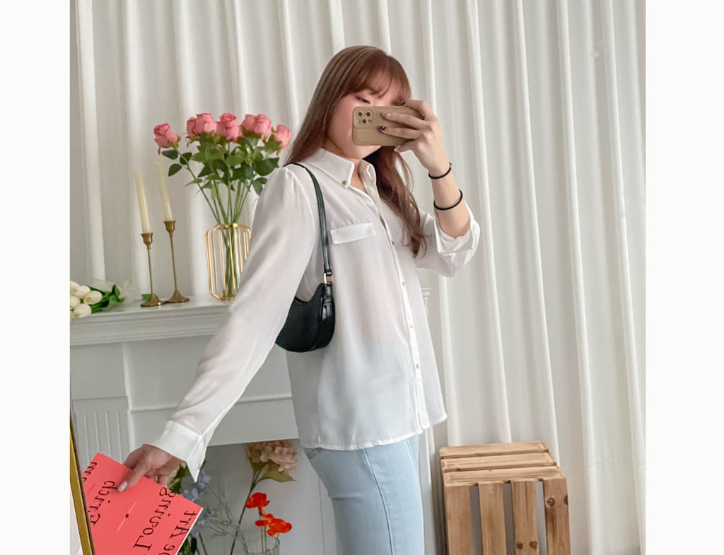 Button Collar 磨砂金鈕裝飾質感雪紡上衣, Blouse/ BU8972