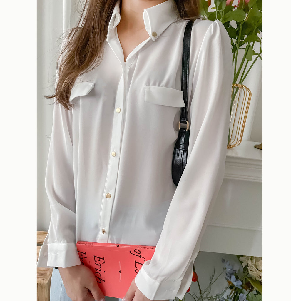 Button Collar 磨砂金鈕裝飾質感雪紡上衣, Blouse/ BU8972