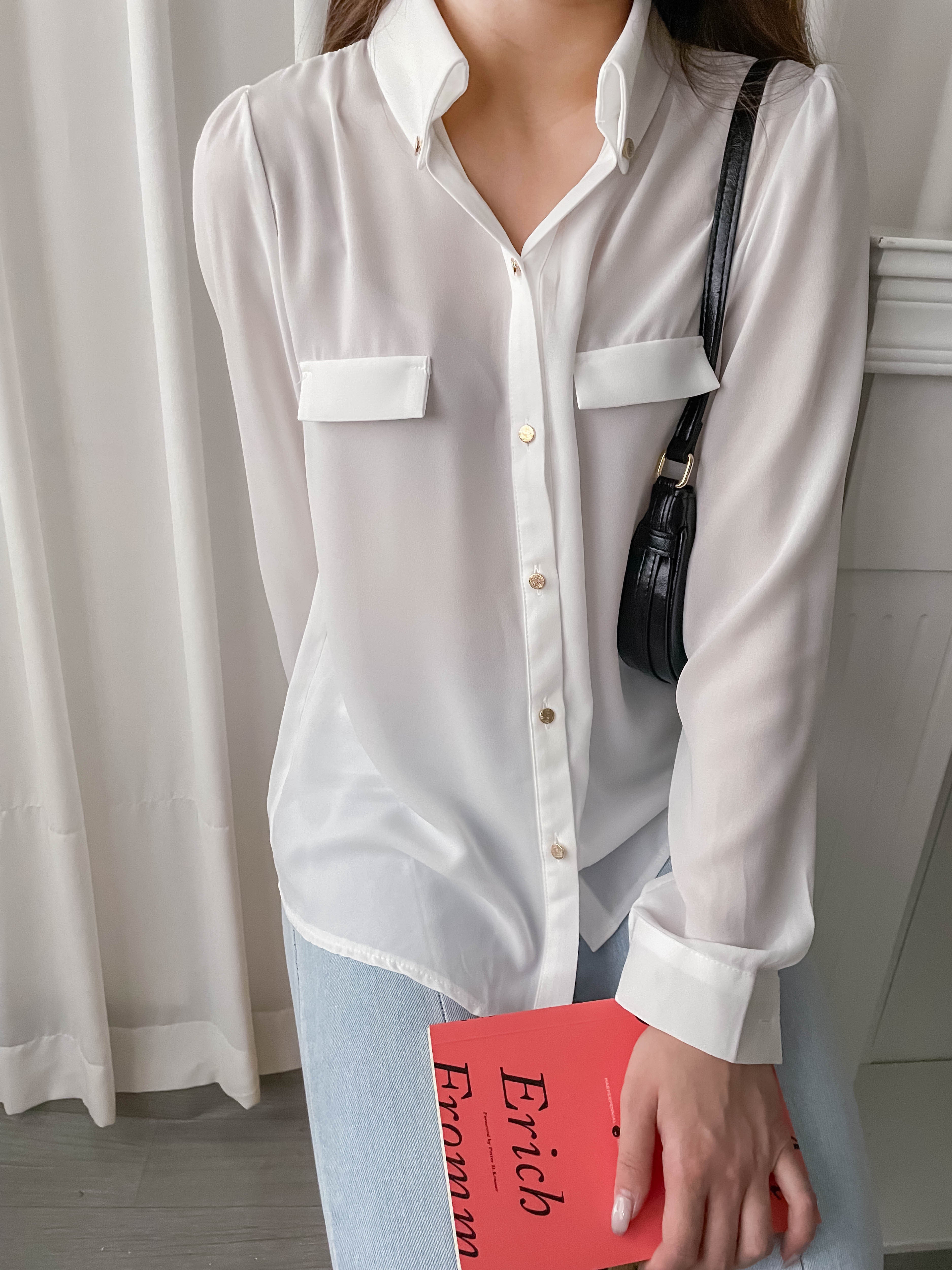 Button Collar 磨砂金鈕裝飾質感雪紡上衣, Blouse/ BU8972