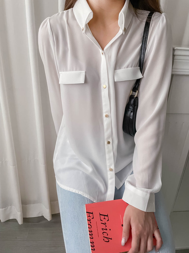 Button Collar 磨砂金鈕裝飾質感雪紡上衣, Blouse/ BU8972