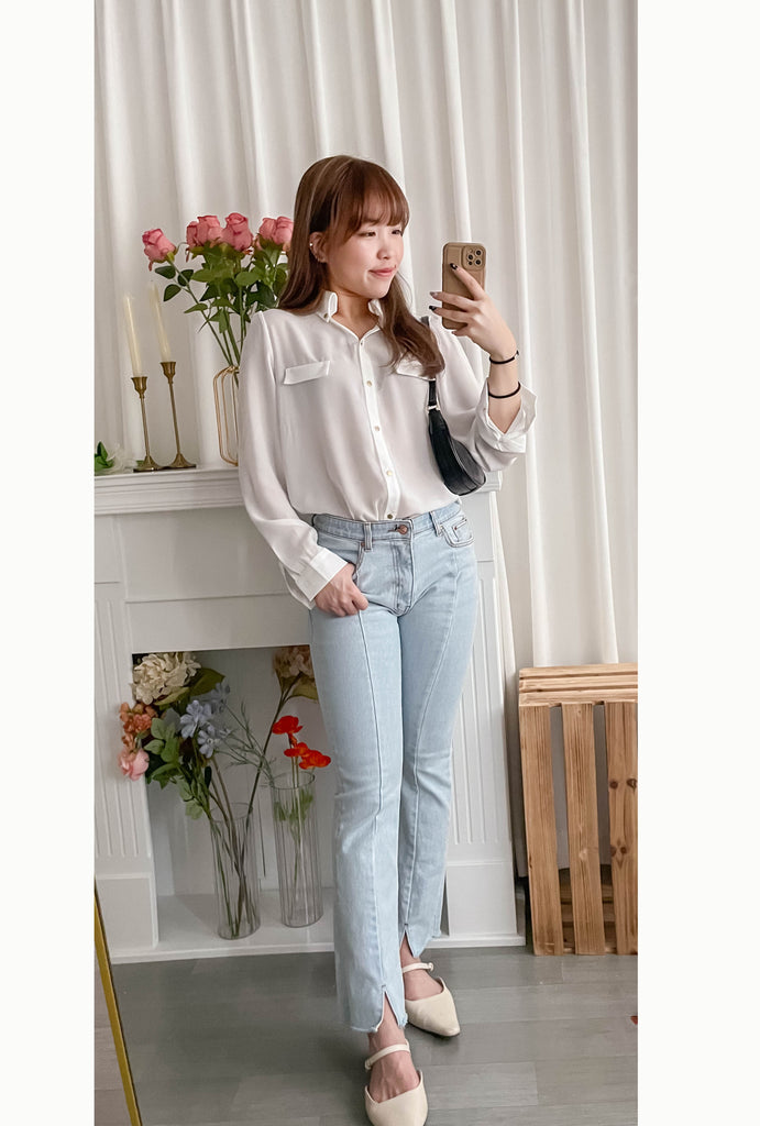 Button Collar 磨砂金鈕裝飾質感雪紡上衣, Blouse/ BU8972