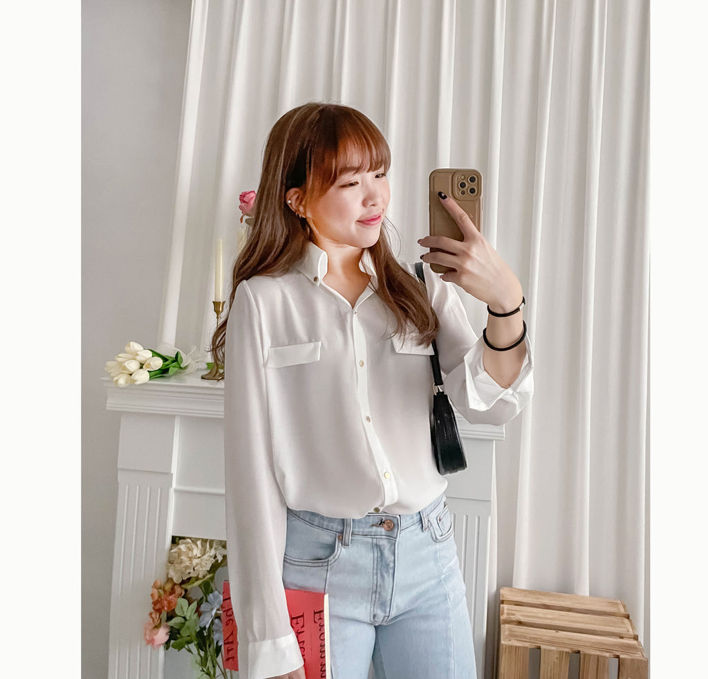 Button Collar 磨砂金鈕裝飾質感雪紡上衣, Blouse/ BU8972