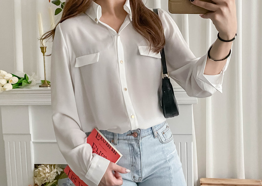 Button Collar 磨砂金鈕裝飾質感雪紡上衣, Blouse/ BU8972