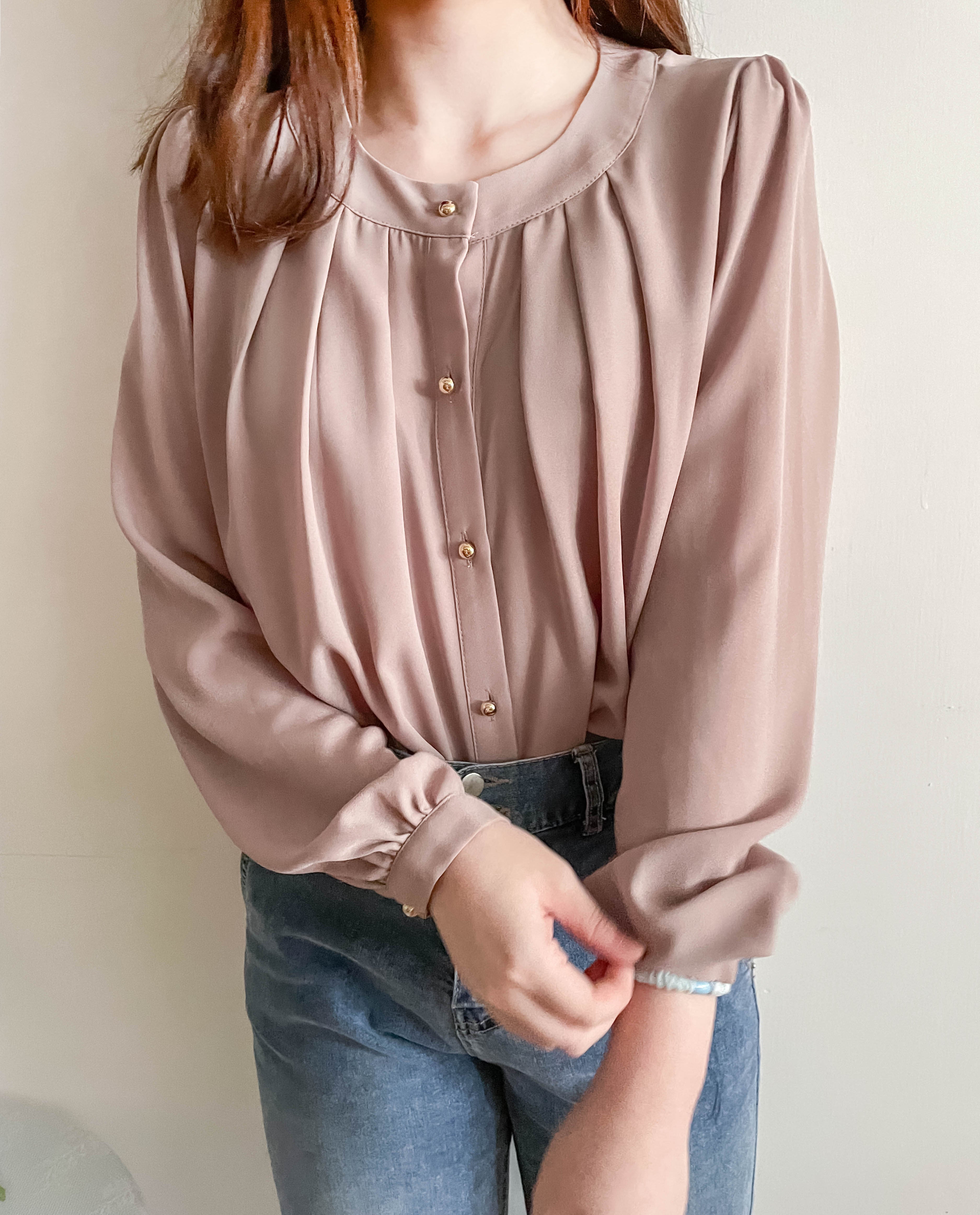 Pleated Collar 車褶圓領圓金鈕雪紡上衣, Blouse/ BU8973