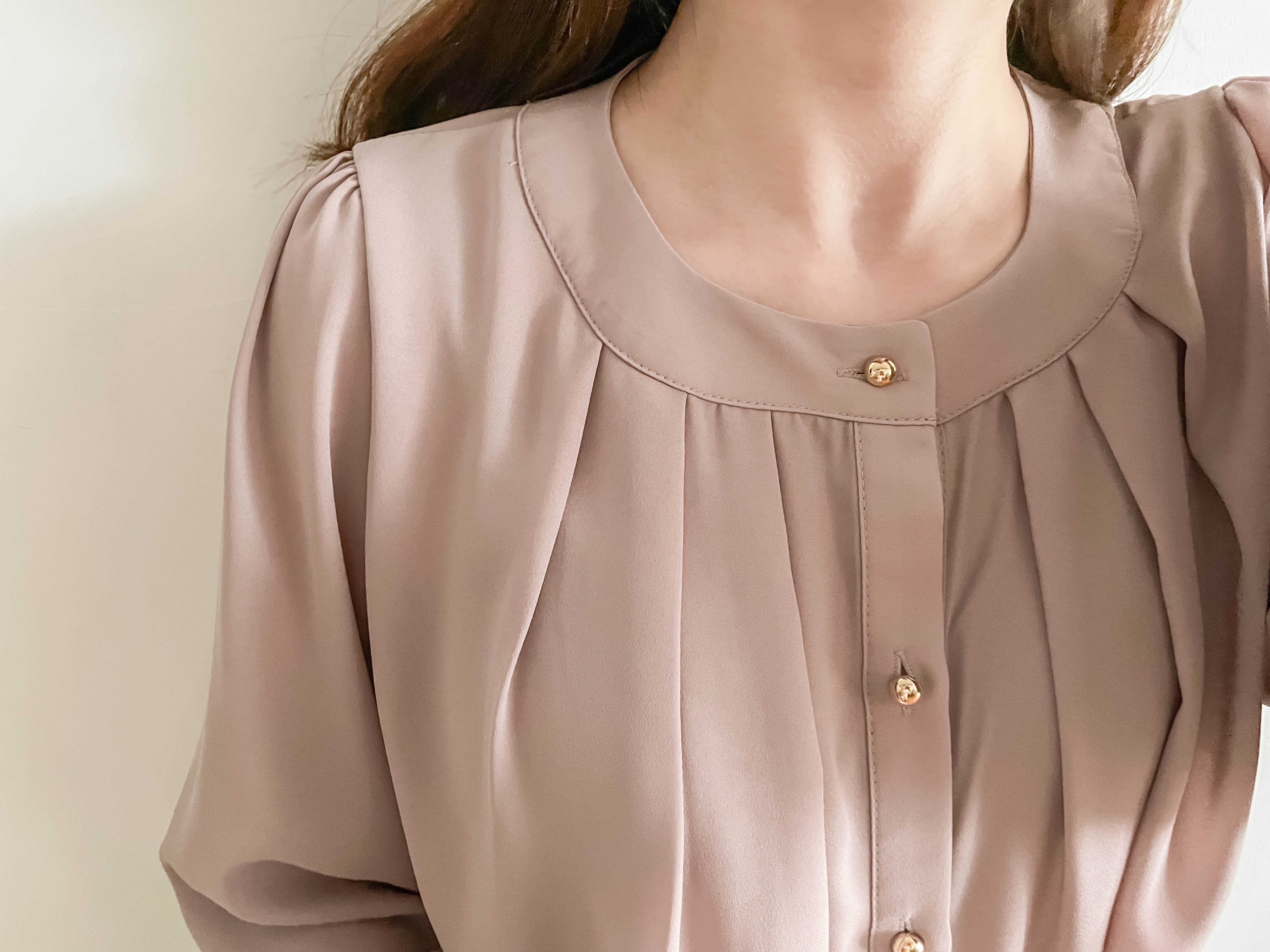 Pleated Collar 車褶圓領圓金鈕雪紡上衣, Blouse/ BU8973