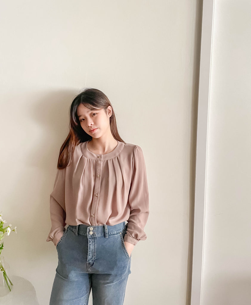 Pleated Collar 車褶圓領圓金鈕雪紡上衣, Blouse/ BU8973