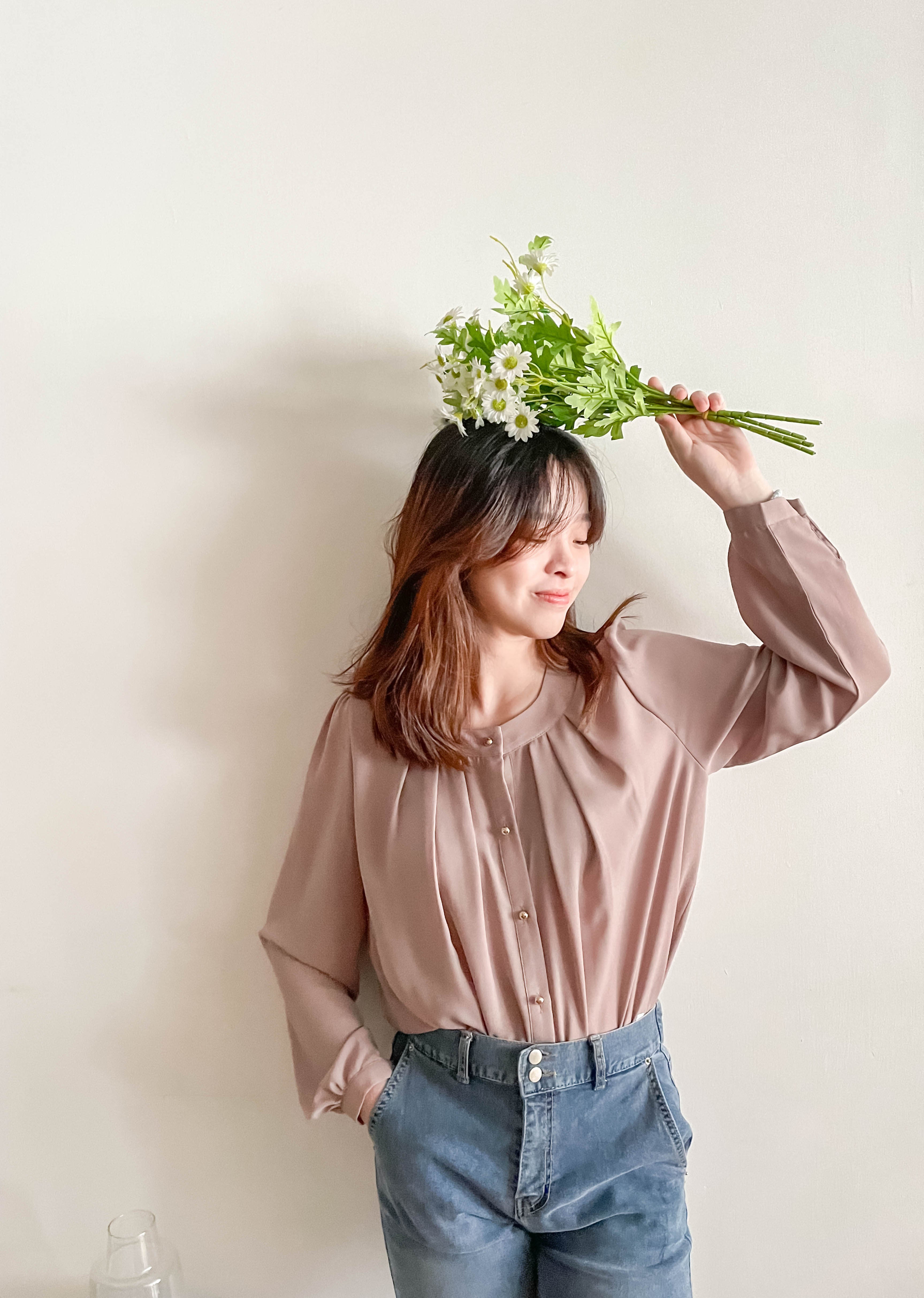 Pleated Collar 車褶圓領圓金鈕雪紡上衣, Blouse/ BU8973