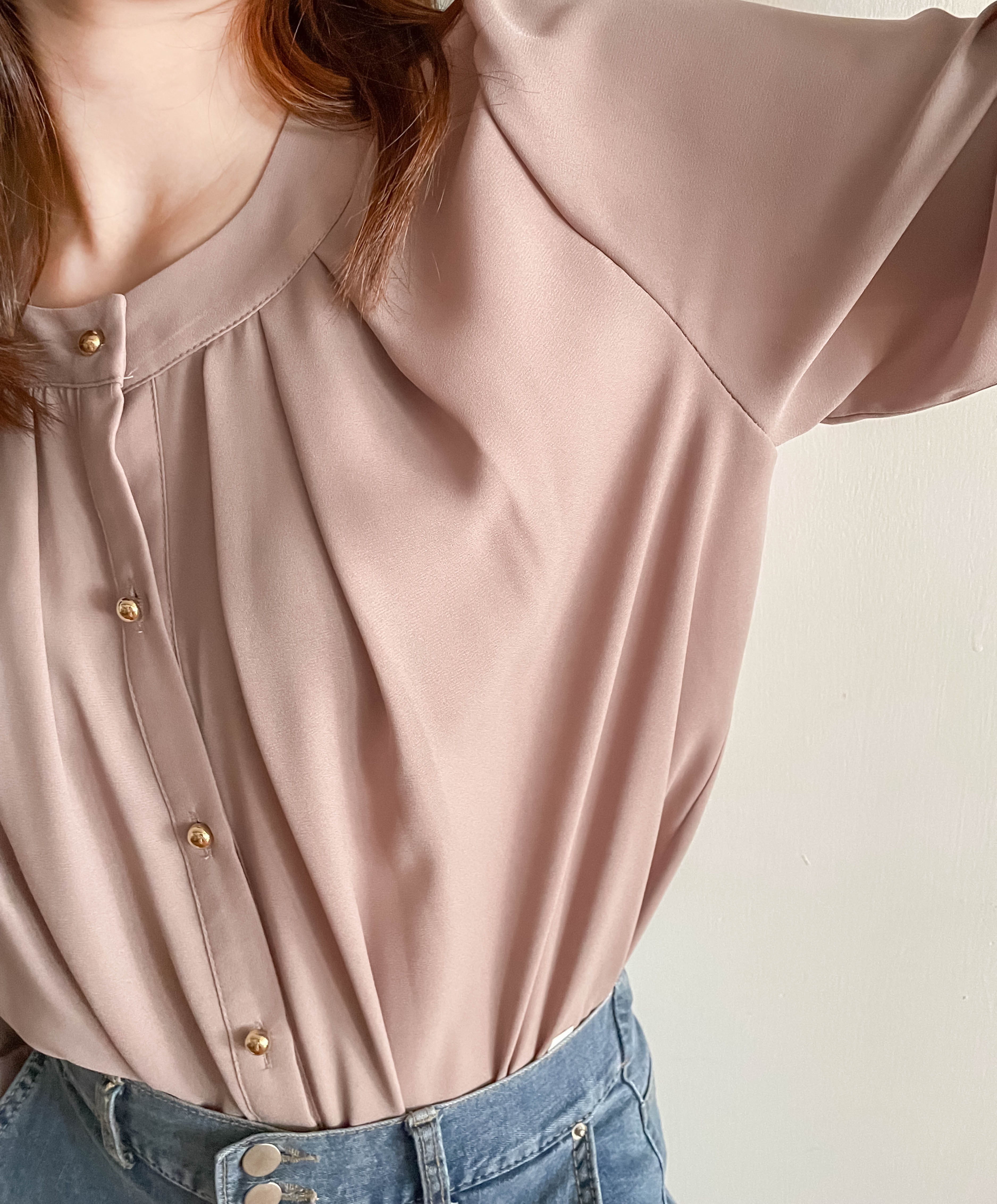 Pleated Collar 車褶圓領圓金鈕雪紡上衣, Blouse/ BU8973