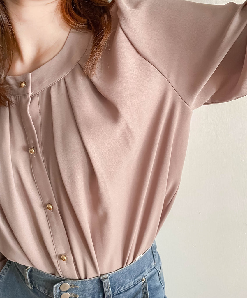 Pleated Collar 車褶圓領圓金鈕雪紡上衣, Blouse/ BU8973