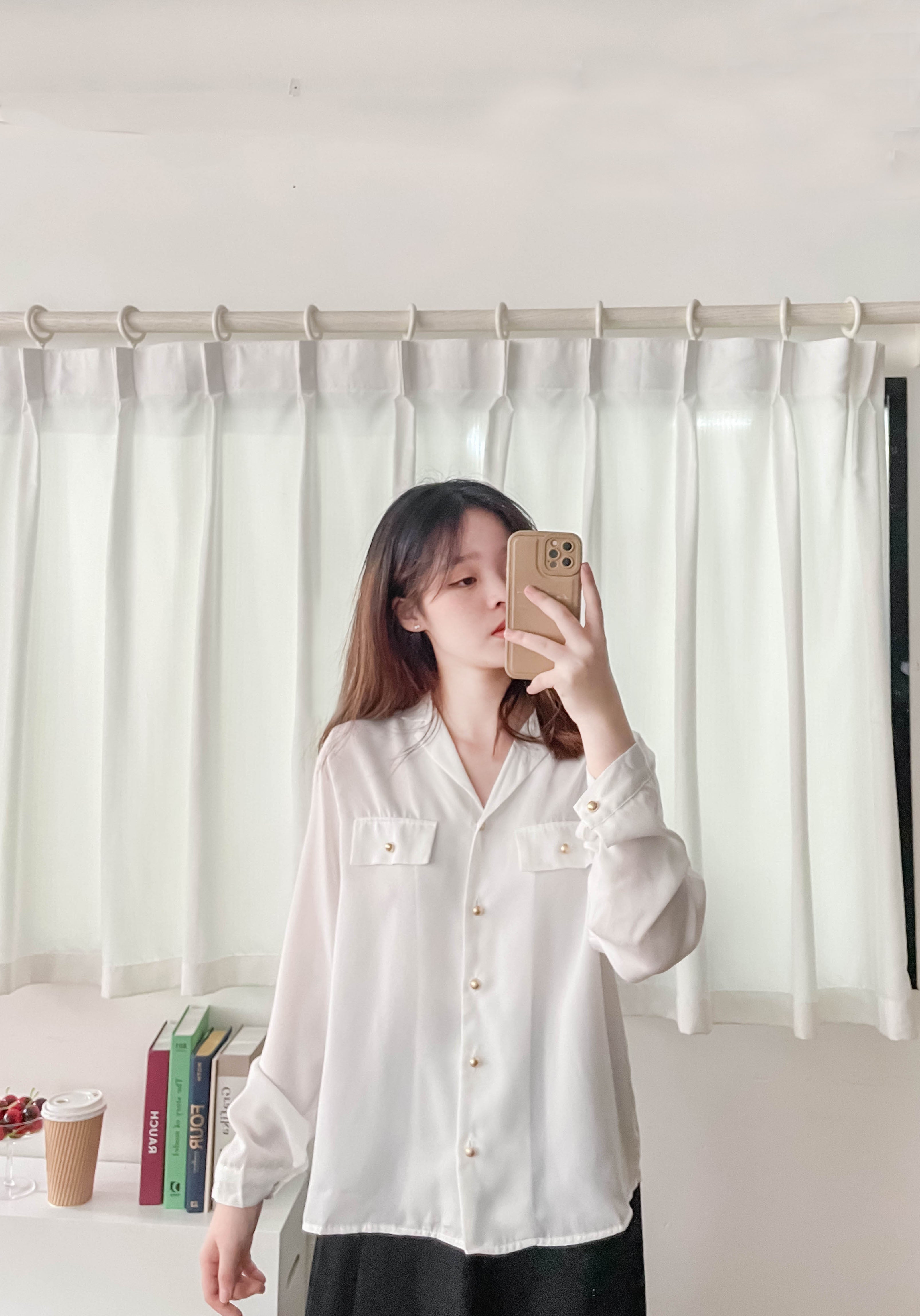 Champagne 復古氣質翻領香檳光澤銅鈕, Blouse/ BU8974 (香檳ROSE Palevioletred sold out)