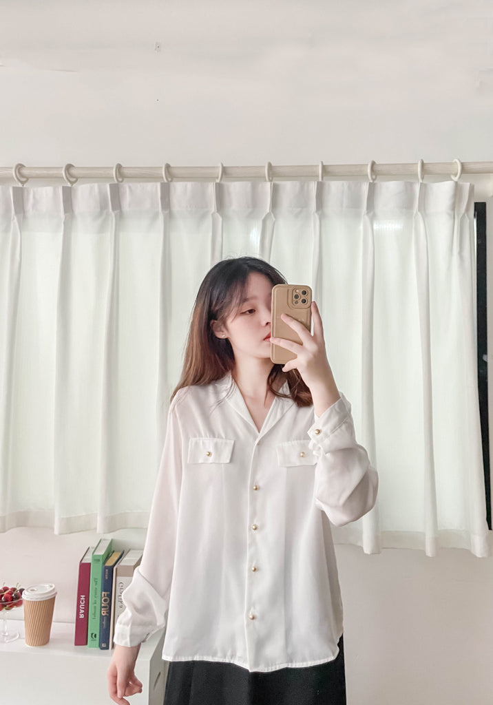 Champagne 復古氣質翻領香檳光澤銅鈕, Blouse/ BU8974 (香檳ROSE Palevioletred sold out)