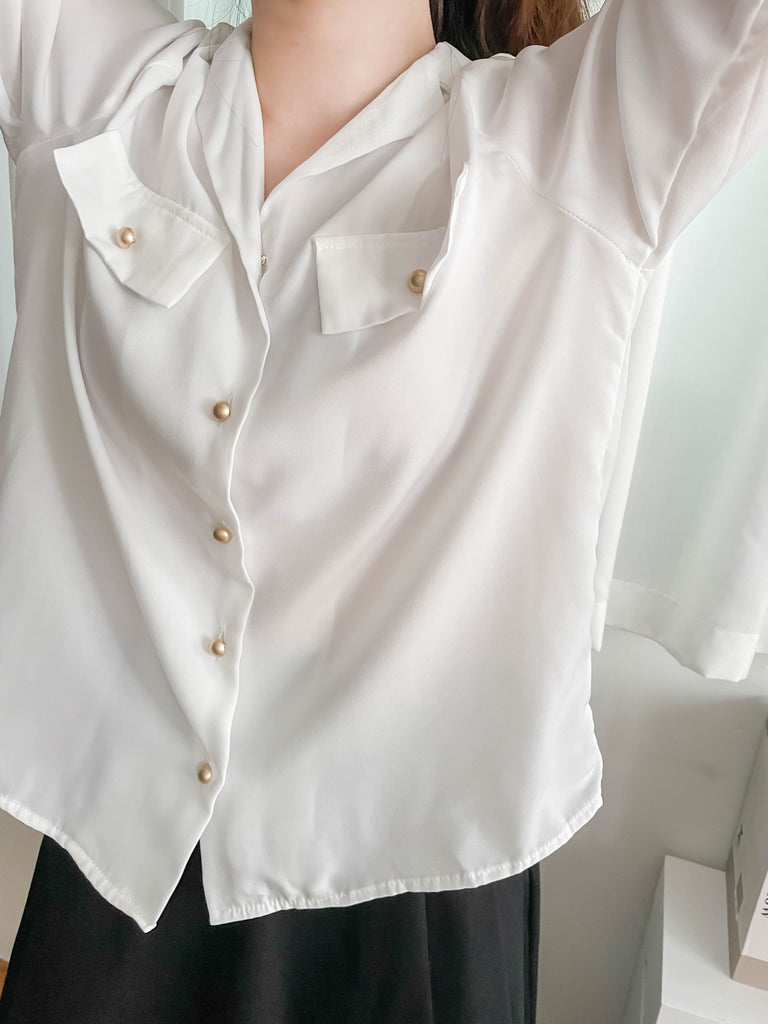 Champagne 復古氣質翻領香檳光澤銅鈕, Blouse/ BU8974 (香檳ROSE Palevioletred sold out)