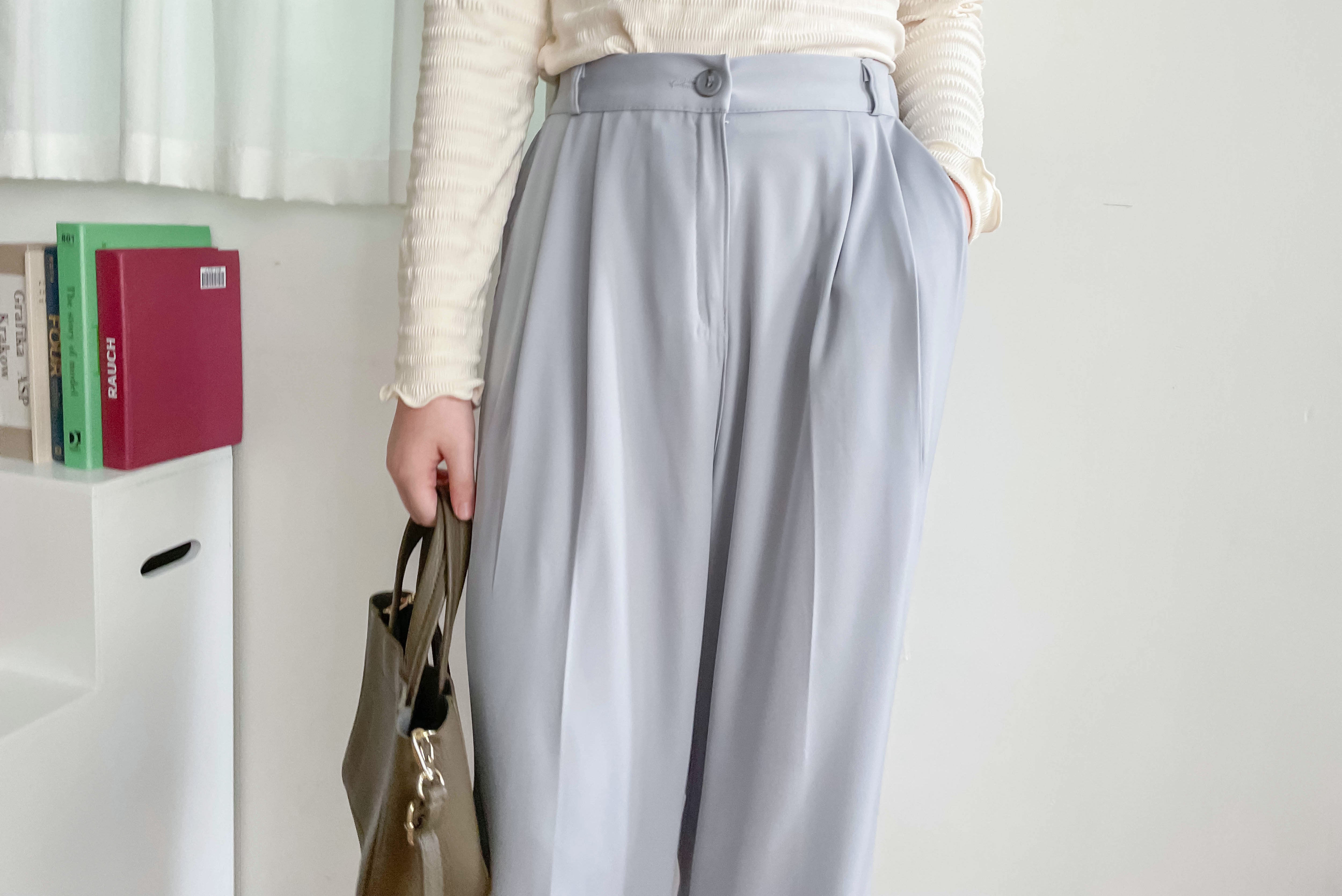 Jersey 修飾腿形100%防皺高質垂感雲石鈕闊腳褲, Pants/ PT8398 (百搭炭黑 Charcoal sold out)