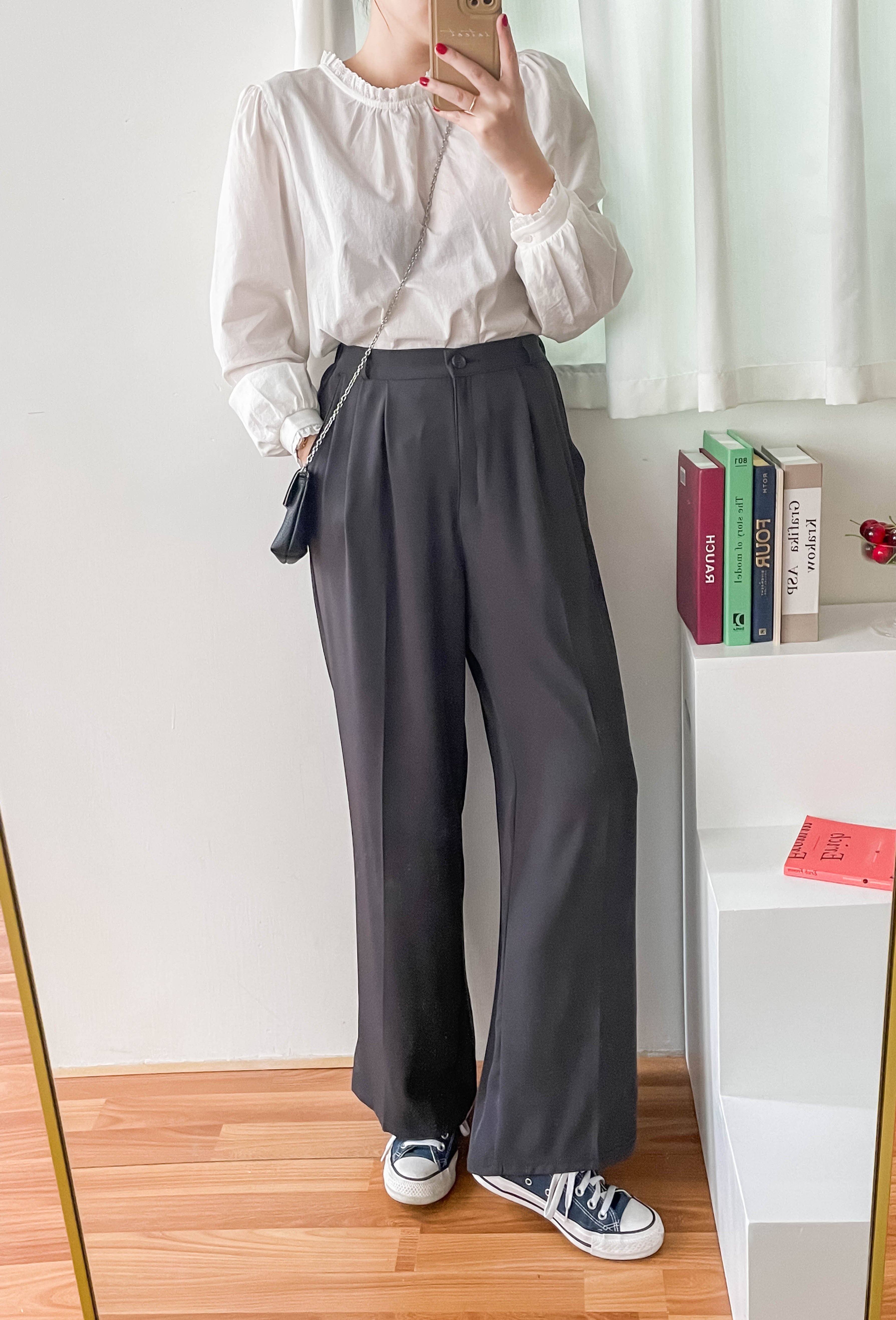 Jersey 修飾腿形100%防皺高質垂感雲石鈕闊腳褲, Pants/ PT8398 (百搭炭黑 Charcoal sold out)