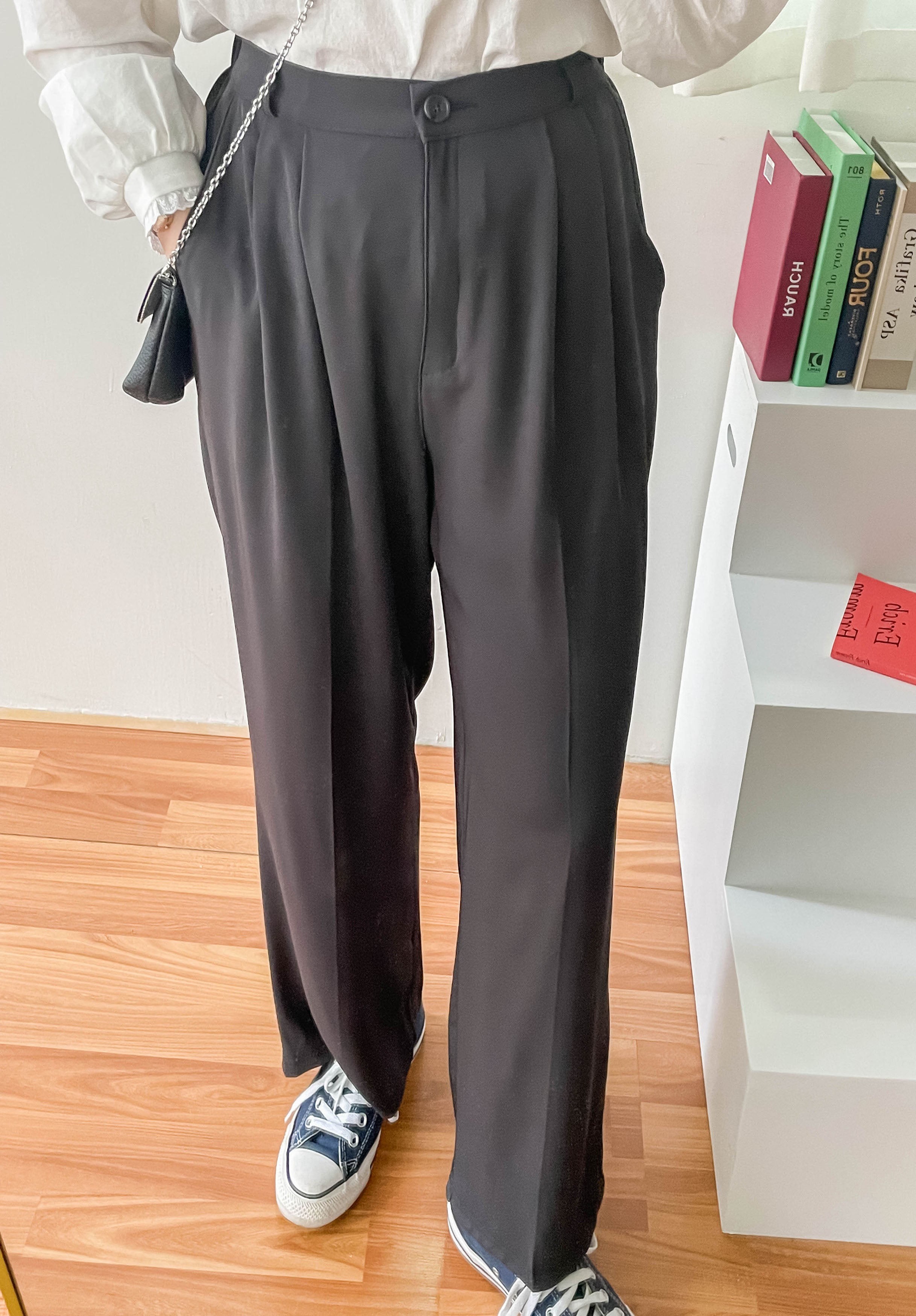 Jersey 修飾腿形100%防皺高質垂感雲石鈕闊腳褲, Pants/ PT8398 (百搭炭黑 Charcoal sold out)