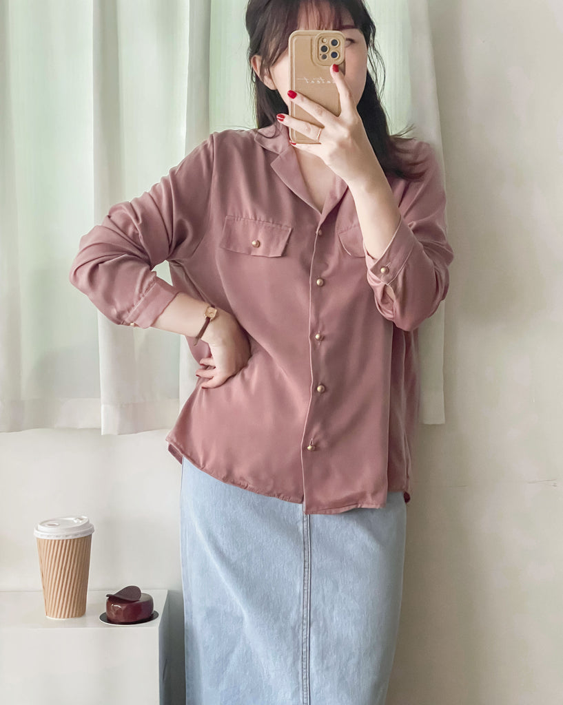 Champagne 復古氣質翻領香檳光澤銅鈕, Blouse/ BU8974 (香檳ROSE Palevioletred sold out)